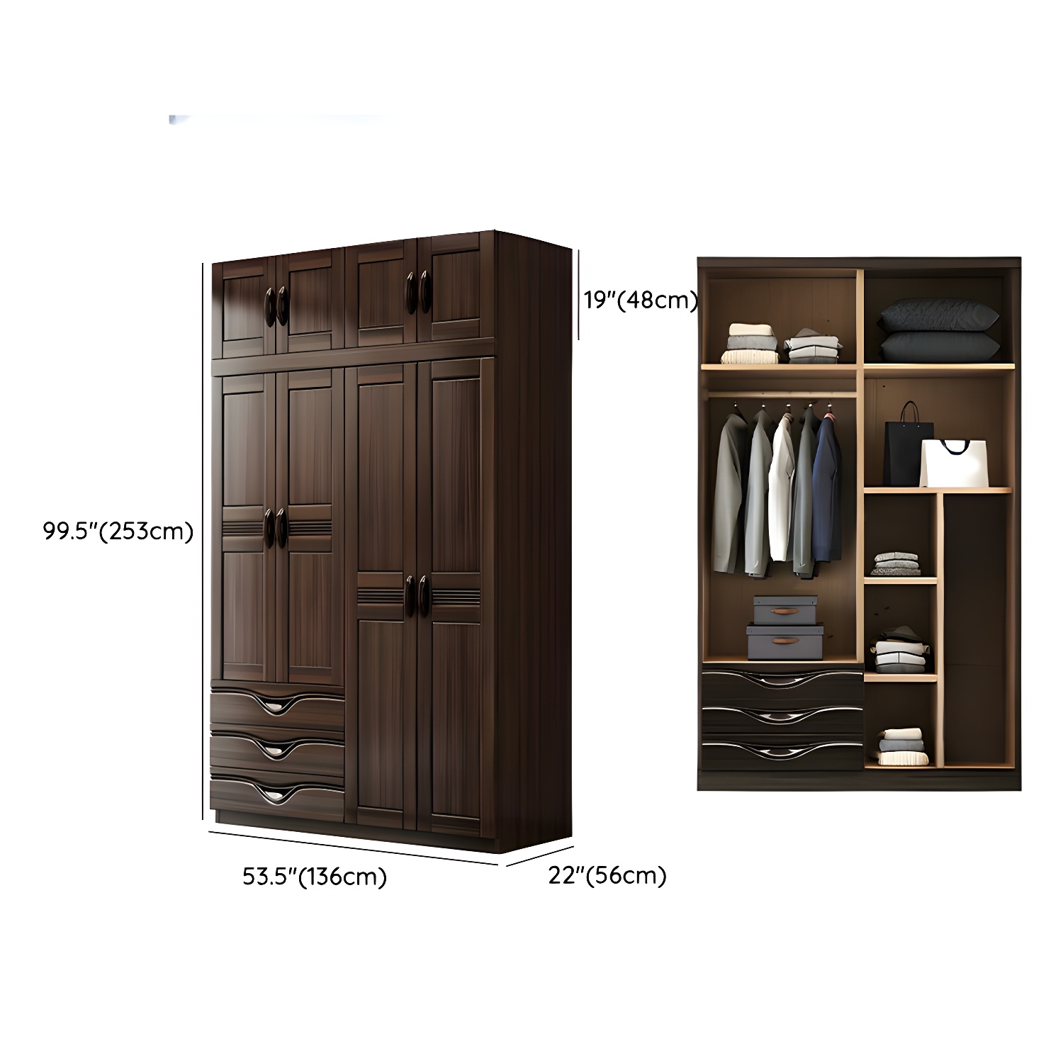 Traditional Black-brown Storage Wood Wardrobe with Clothing Rod and Shelves - image 18