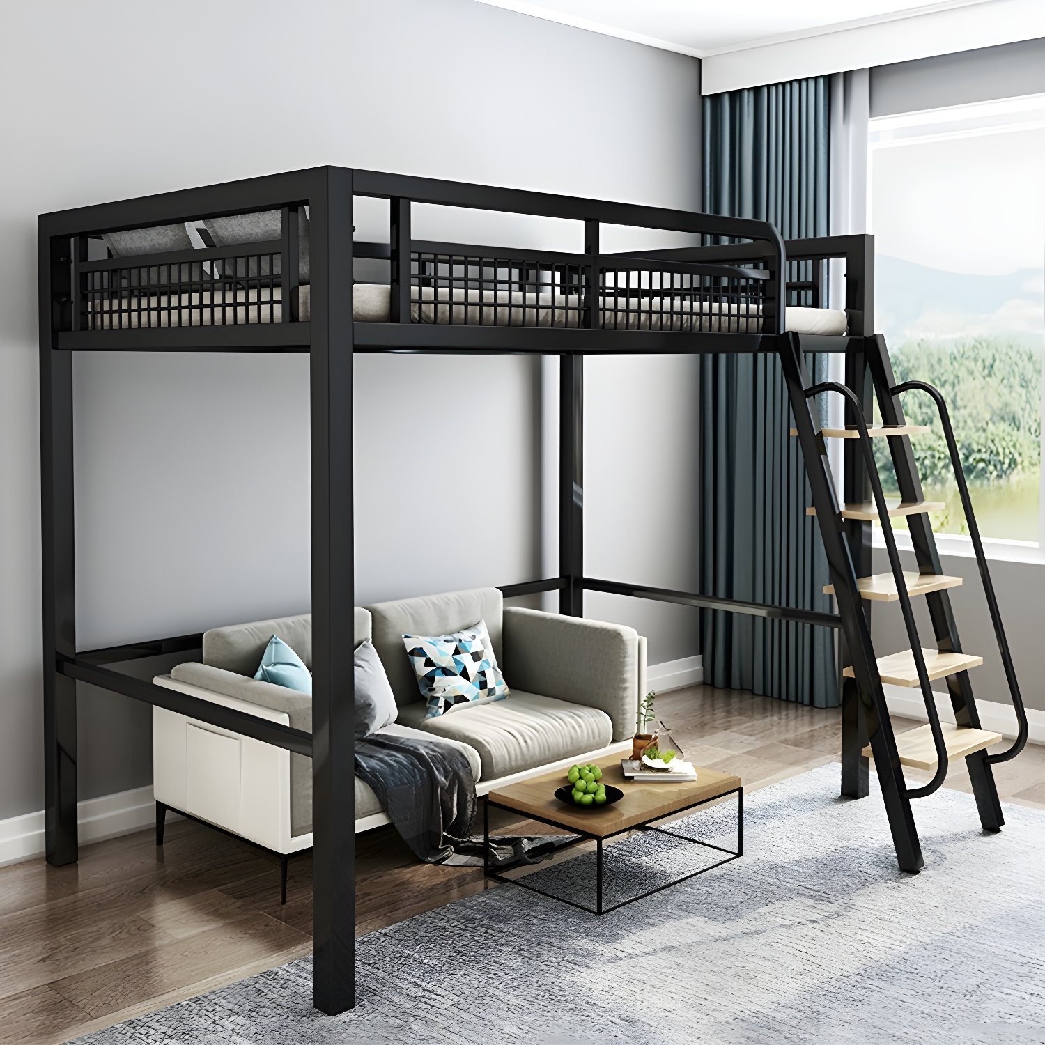 Contemporary Metal Bed 82.67" Tall Open-Frame Bed in Black/White - image 5