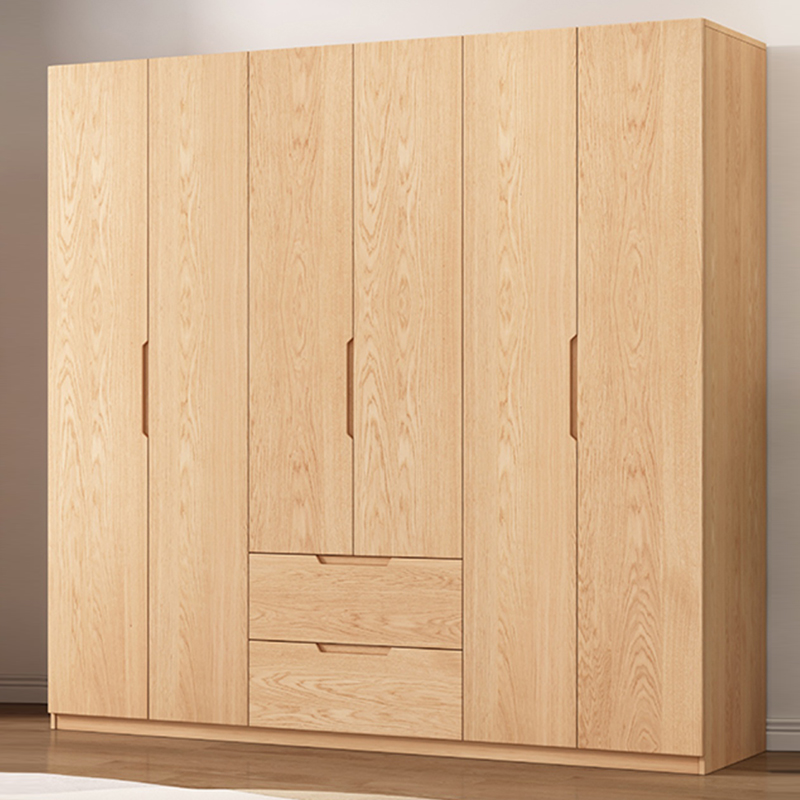 Stylish Natural Wood Wardrobe Armoire with Drawers and Silent Buffer Door Hinge