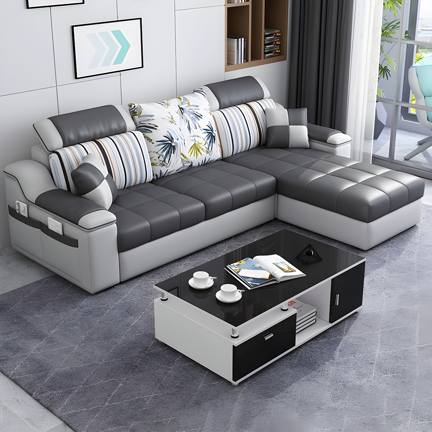 Reversible L-Shape Scandinavian Sectional Sofa with Ottoman and Adjustable Headrest in 2 Piece Set - image 12