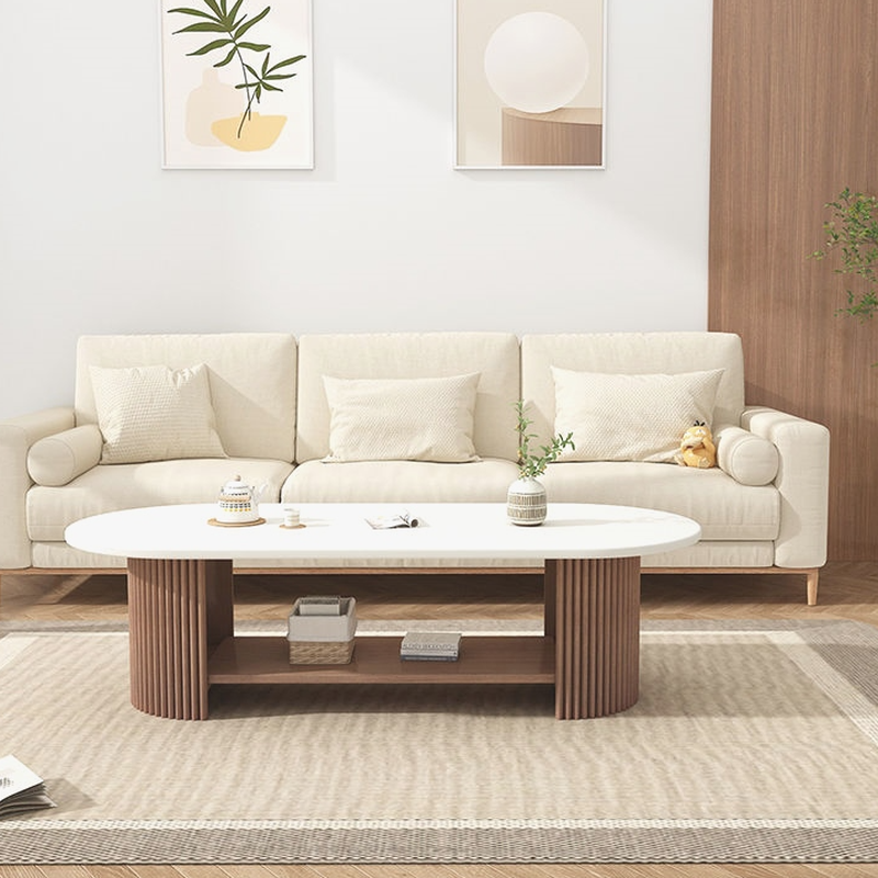 Oval Natural Wood Coffee Table with Twin Support Base, Repository, and 1 Shelf - image 5