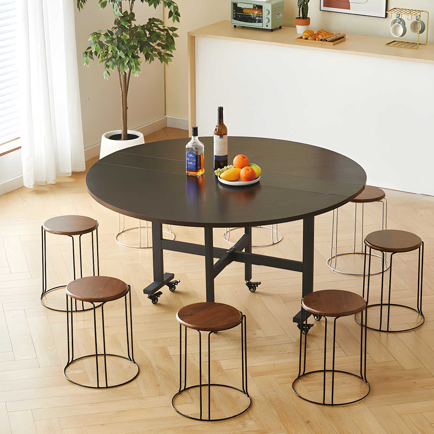 Modern Foldable Manufactured Wood Round Top Dining Table with Movable Steel Black Trestle