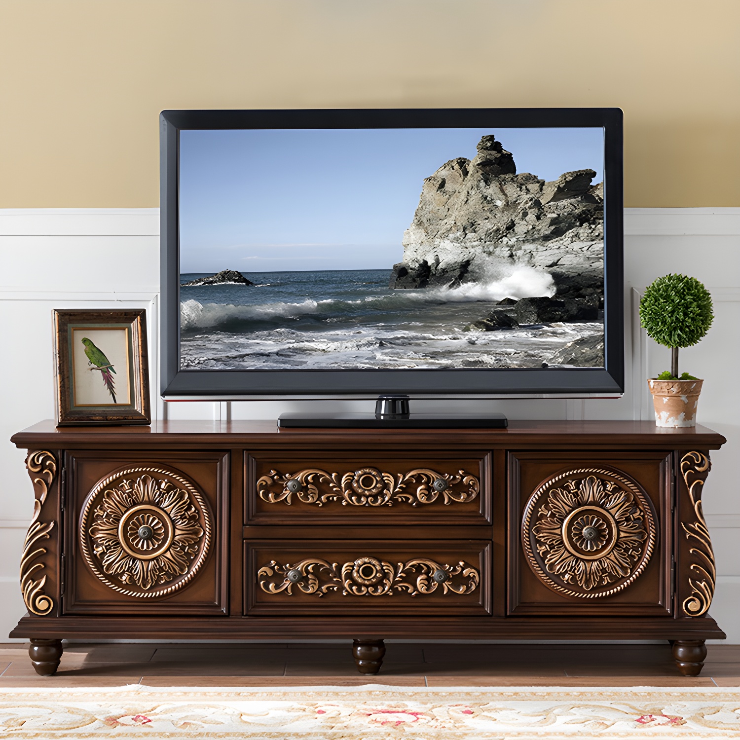 Traditional Rubberwood Media Console Matte Finish TV Media Stand with Drawers - image 3