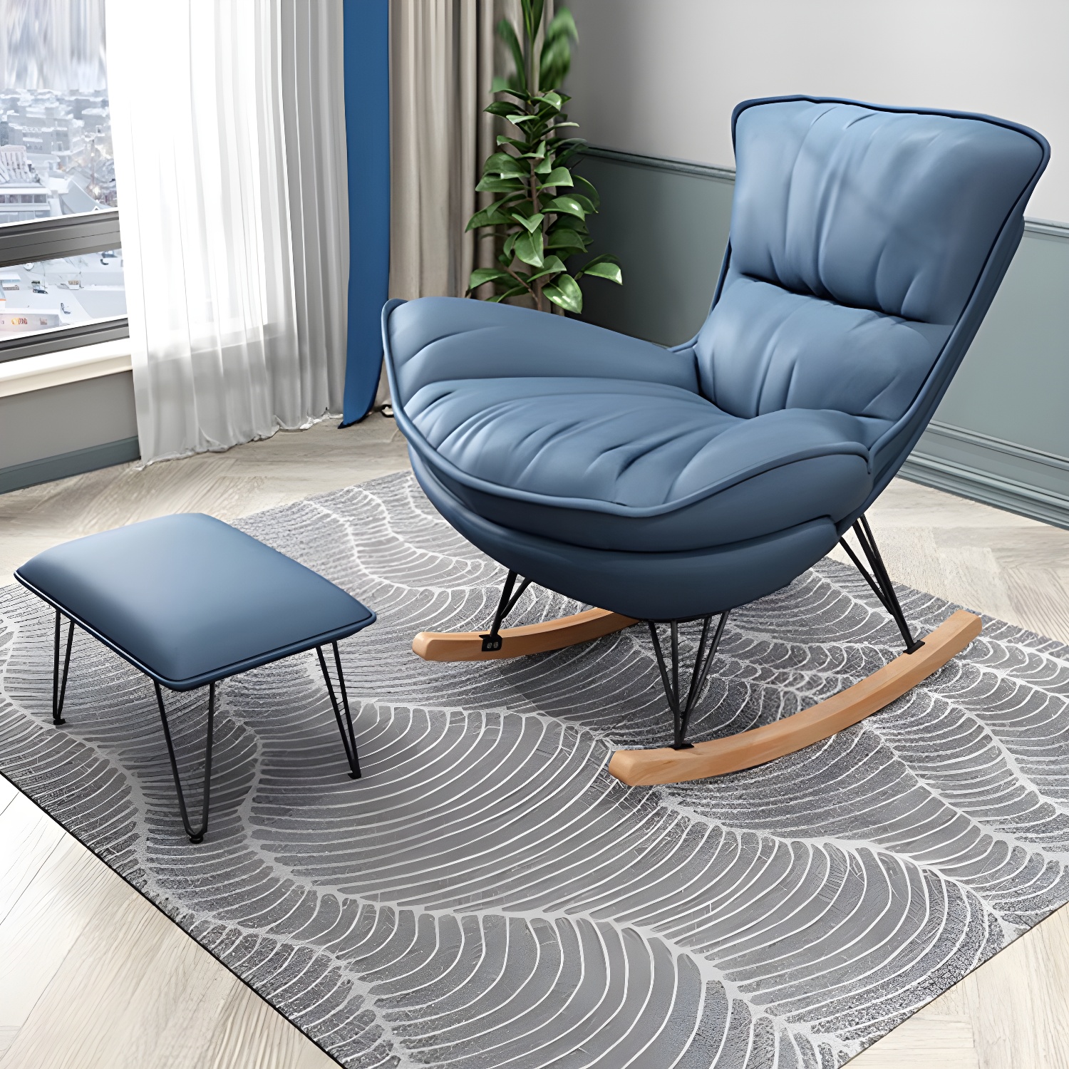 Stylish Modern Indoor Rocking Chair with Ottoman - Upholstered Seat and Natural Wood Legs - image 13