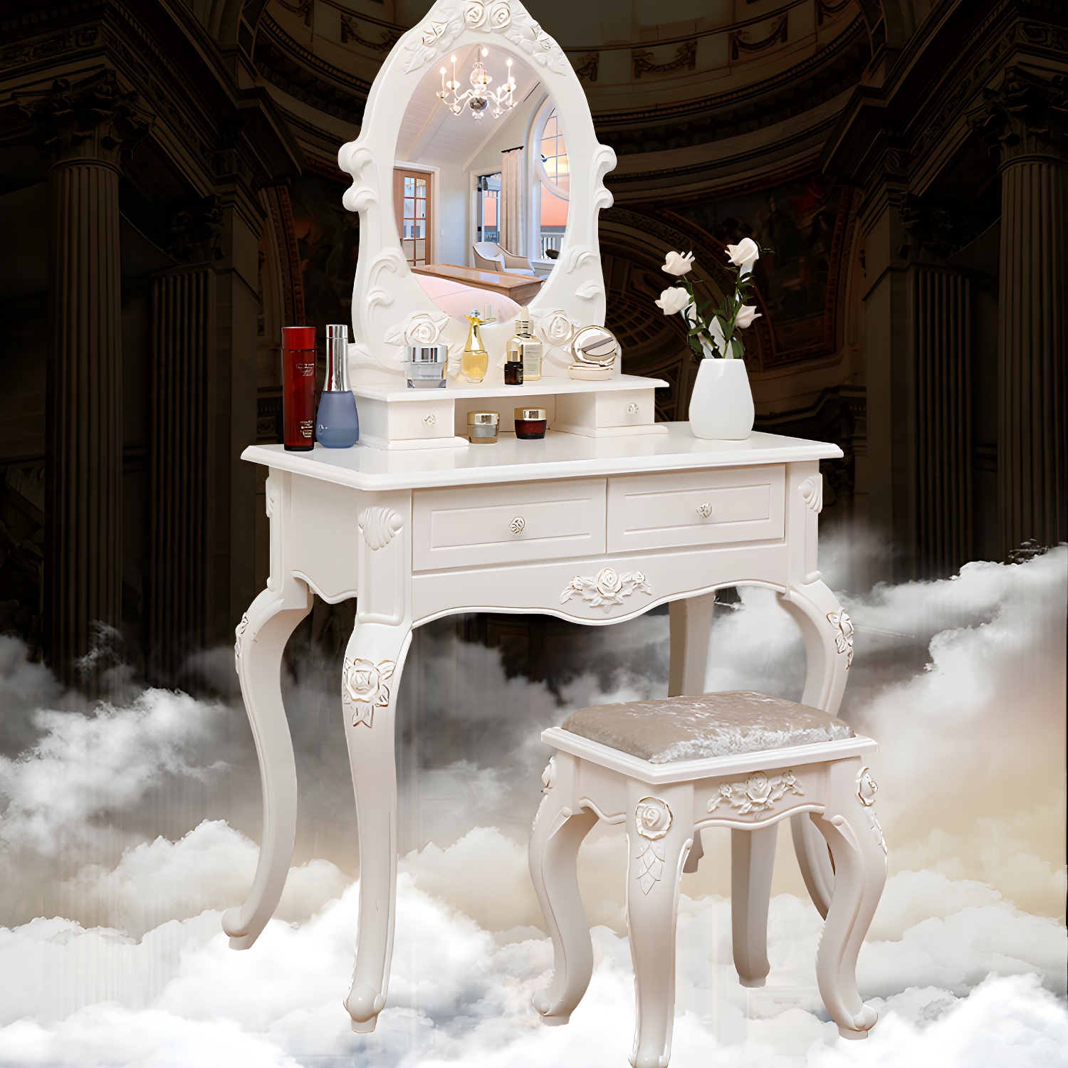 Victorian Bedroom With Drawer Mirror Solid Wood Makeup Vanity Set - image 12