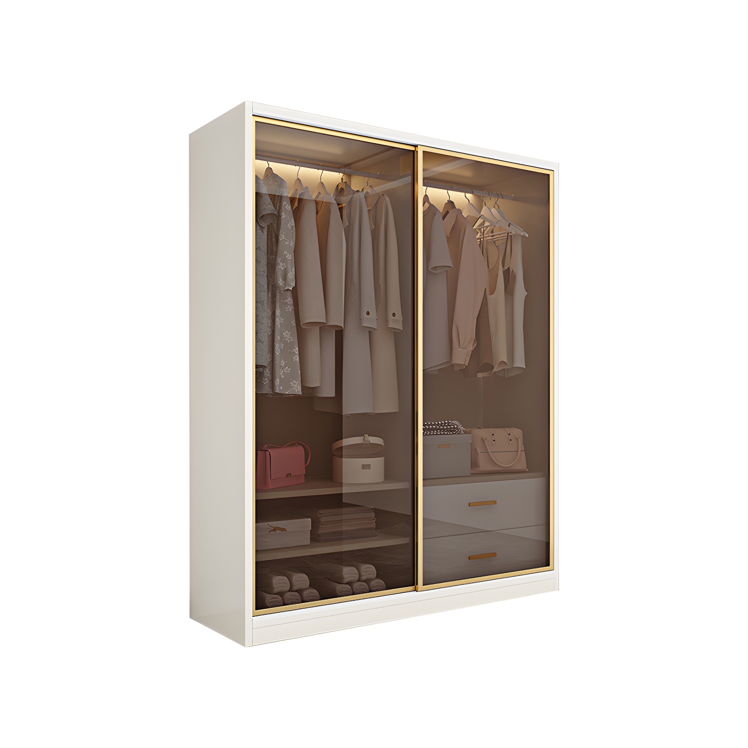 Modern White Wood Frame Wardrobe Freestanding Wardrobe with Sliding Glass Doors - image 5