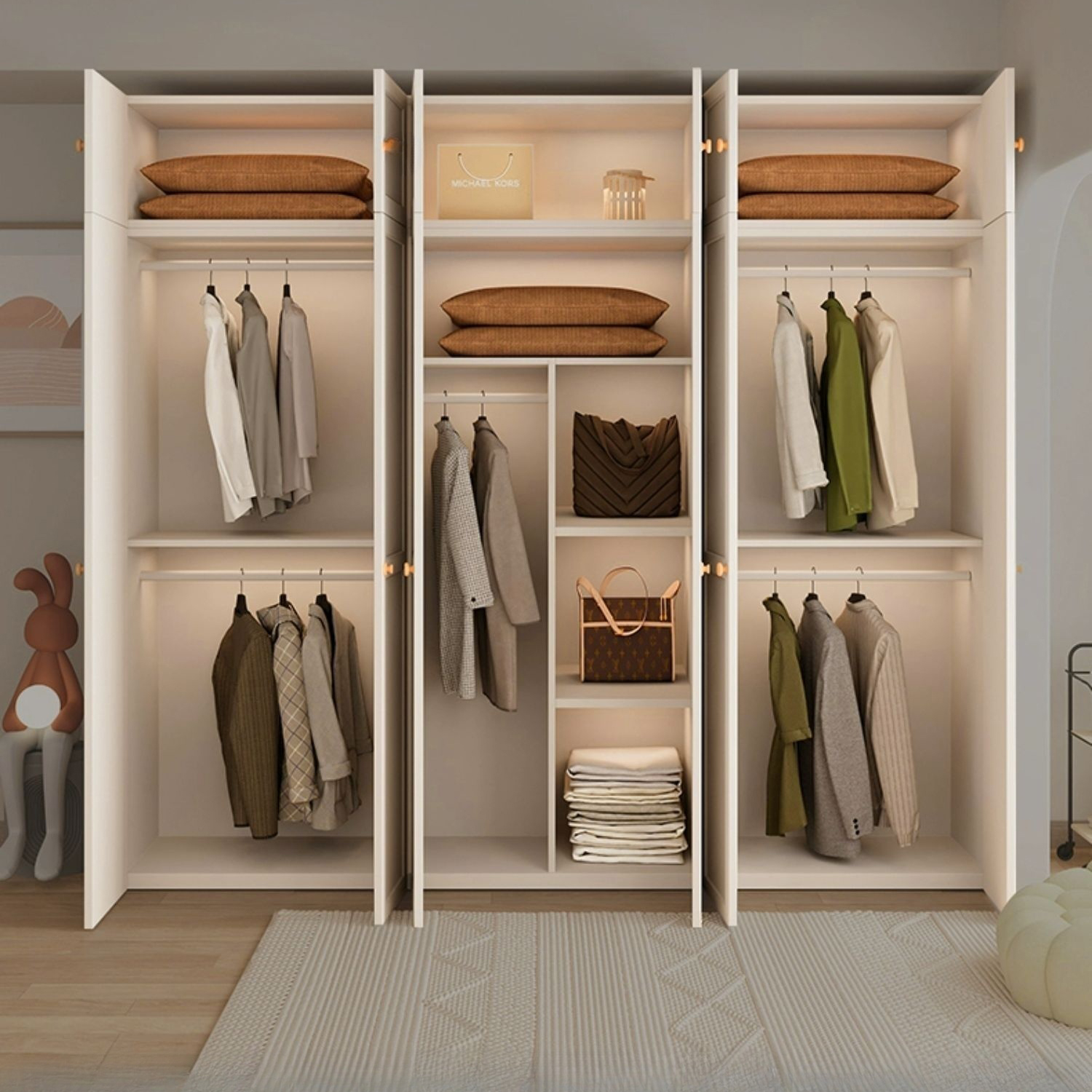 Modern White Wardrobe Armoire with Clothing Rod and Shelves - Soft Close, No Distressing - image 4