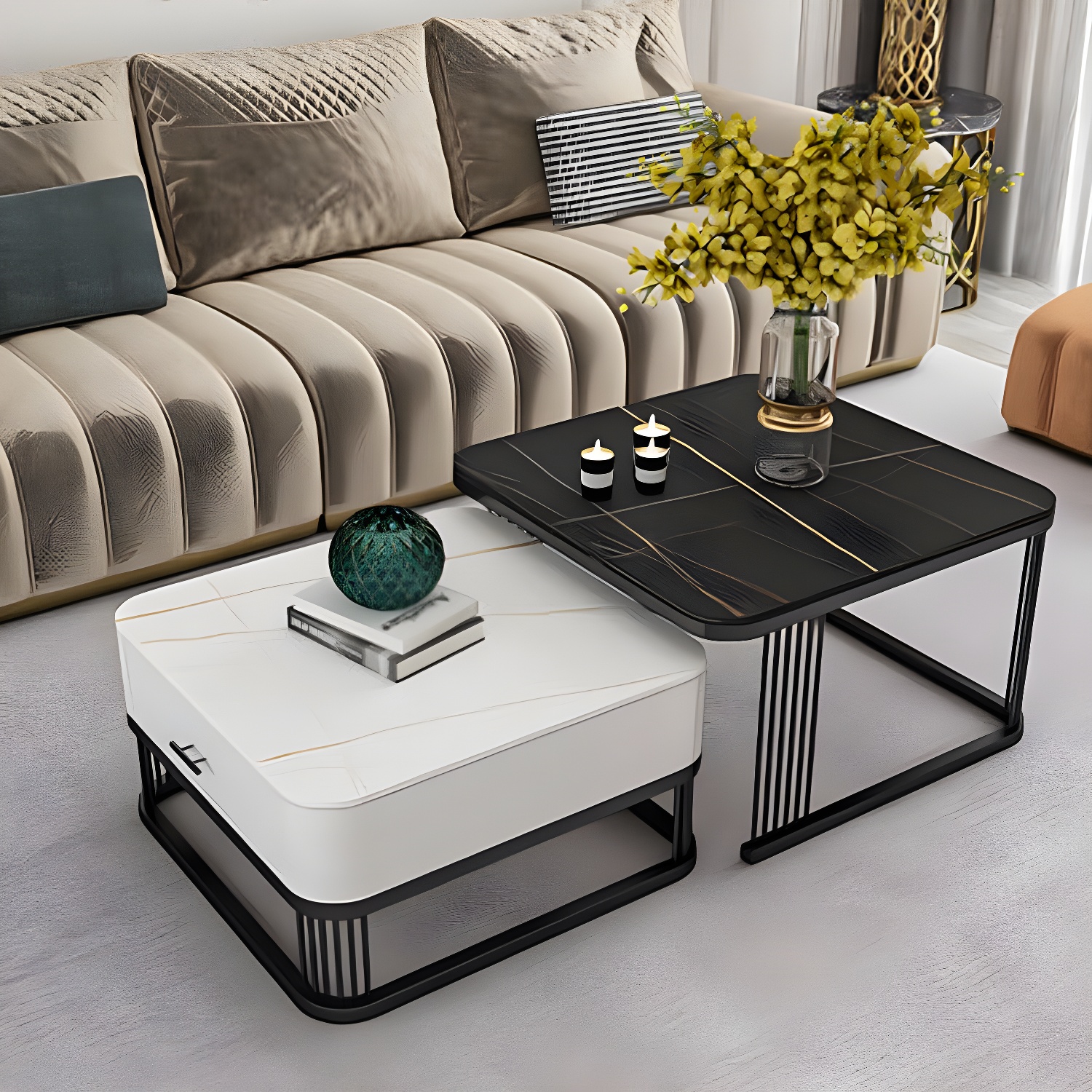 Square Slate Top Coffee Table with Drawers Frame Base 2 Nestling Cocktail Table