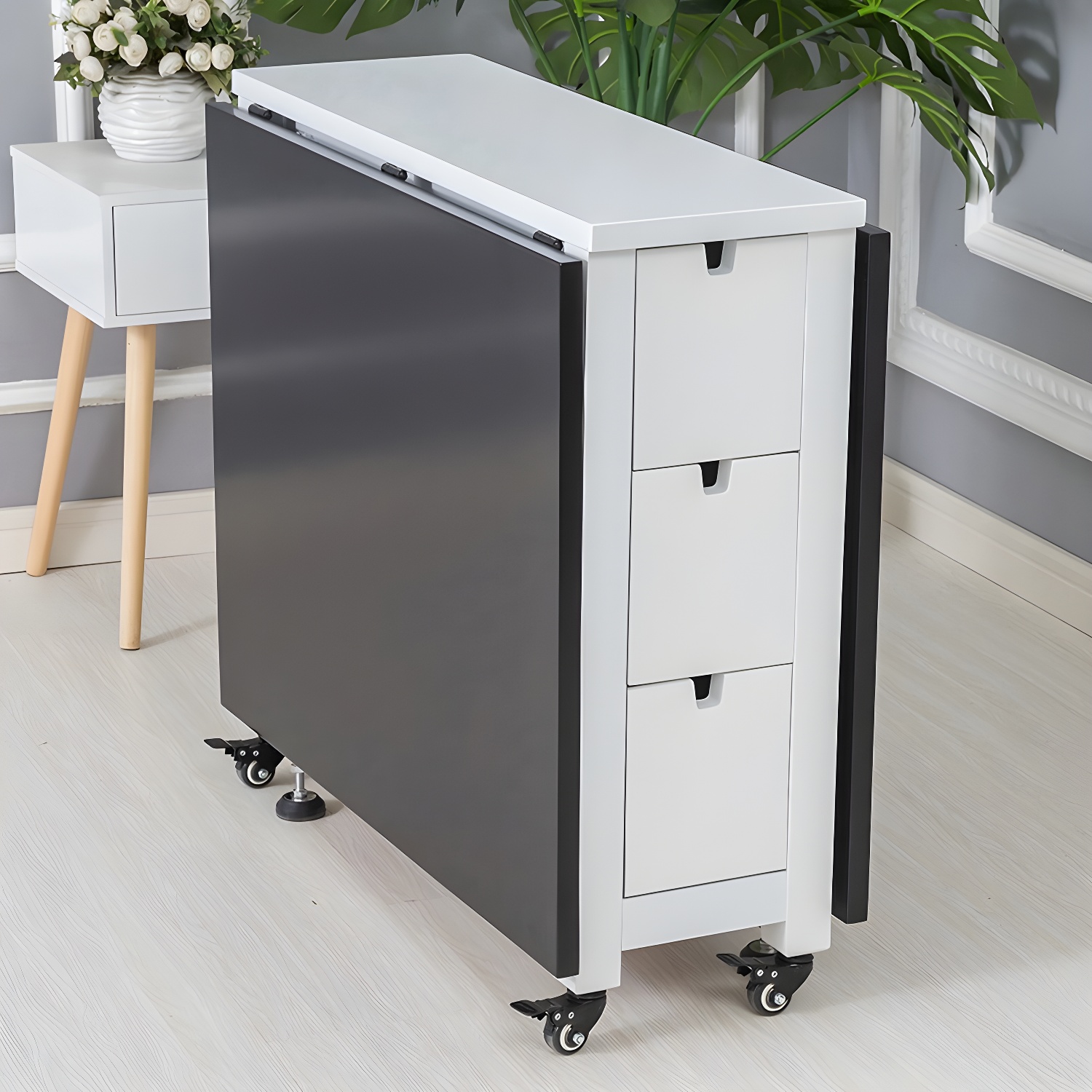 Modern Birch Wood Drop Leaf Rectangle Kitchen & Dining Table with Pedestal Base and Storage Included