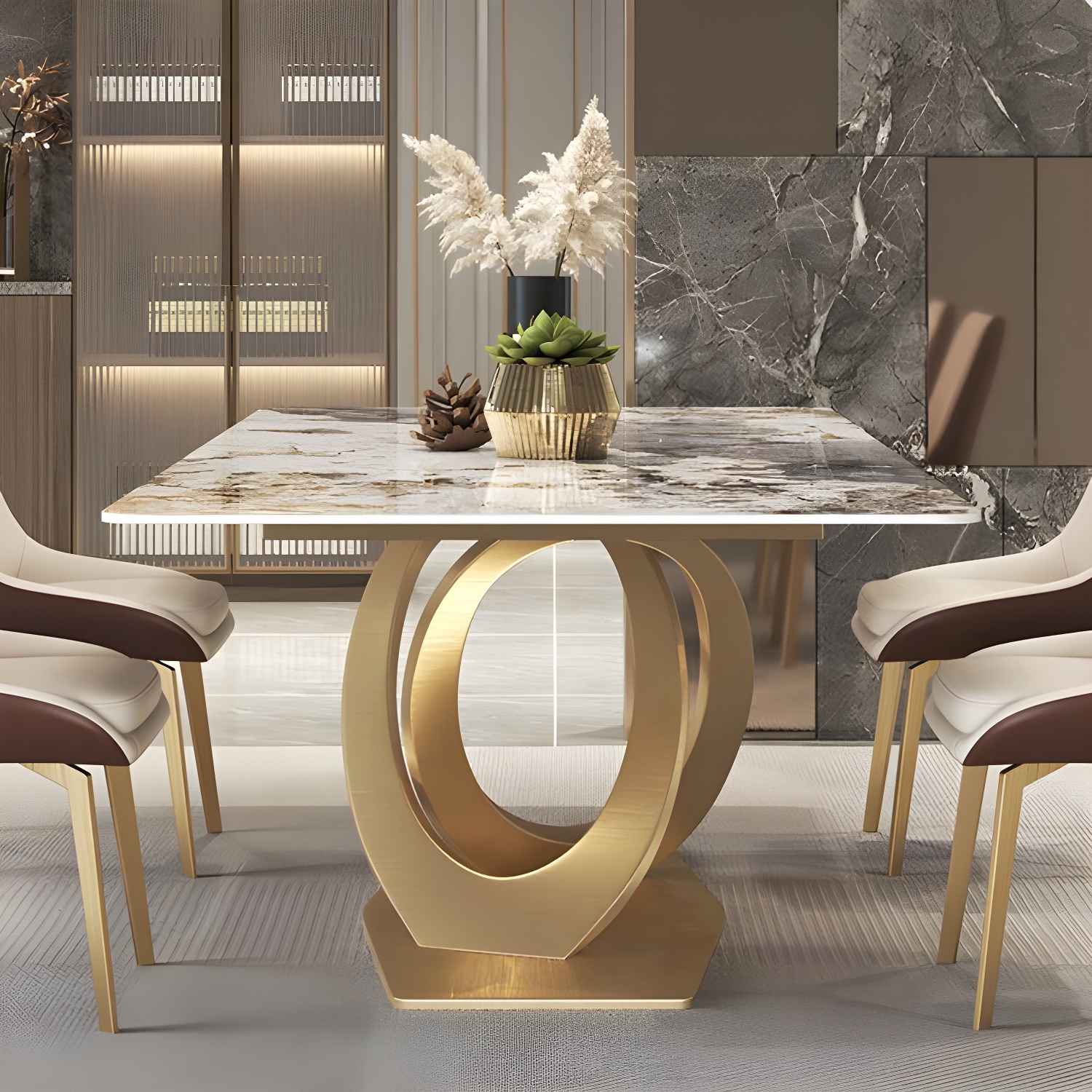 Glossy Beige Dining Table Set 1/2/5/7 Pcs Glam Dinette Set with Leather Chairs - image 8