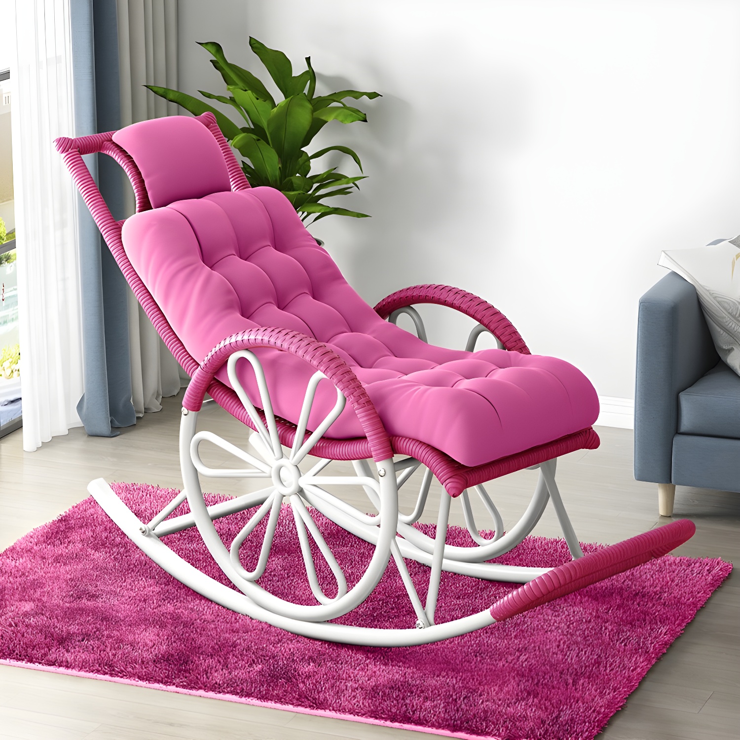 Modern Rocker Wicker Removable Cushions Tufted with Gray Frame Rocking Chair - image 6