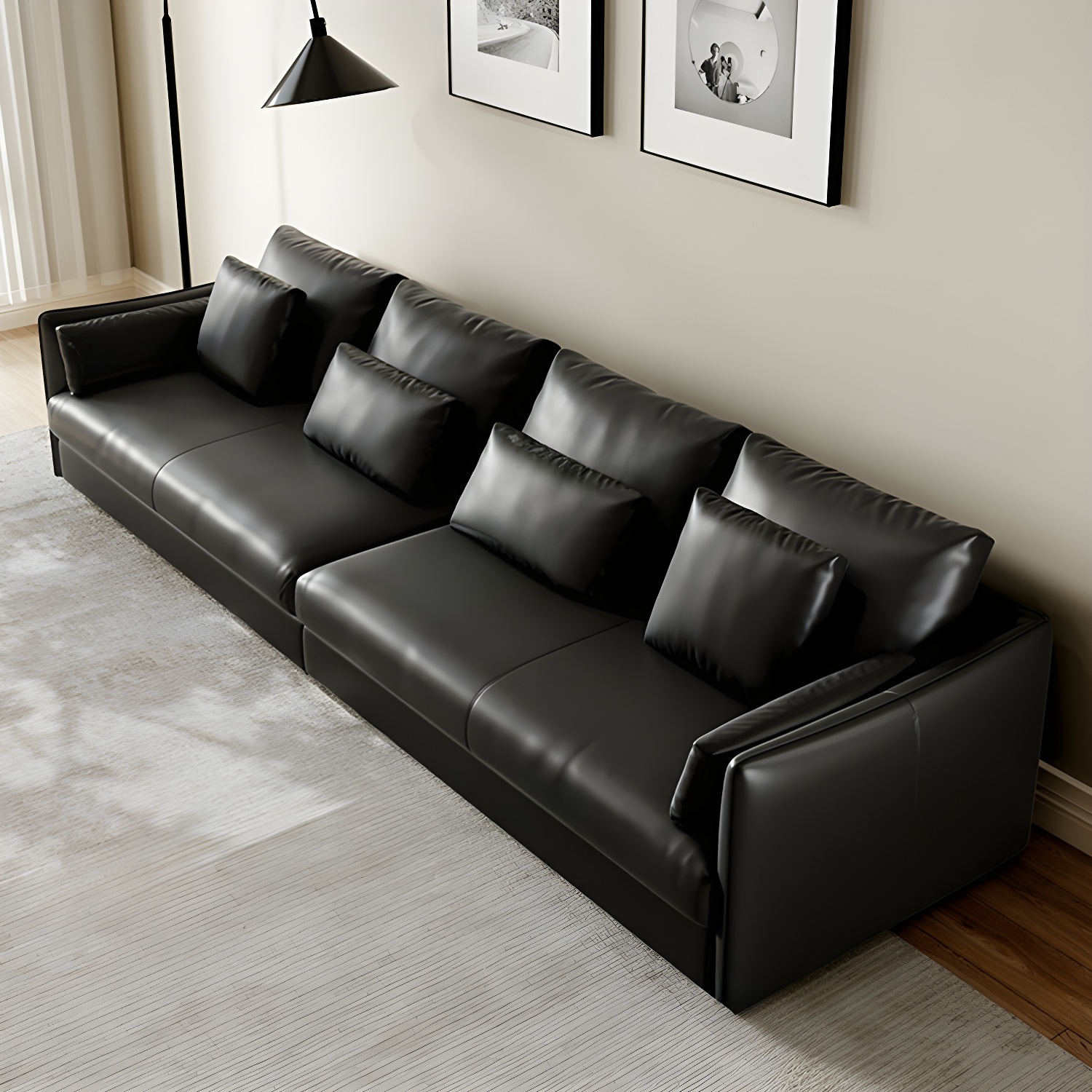 Modern Genuine Leather Sectional Sofa in Black with Recessed Arm - image 3