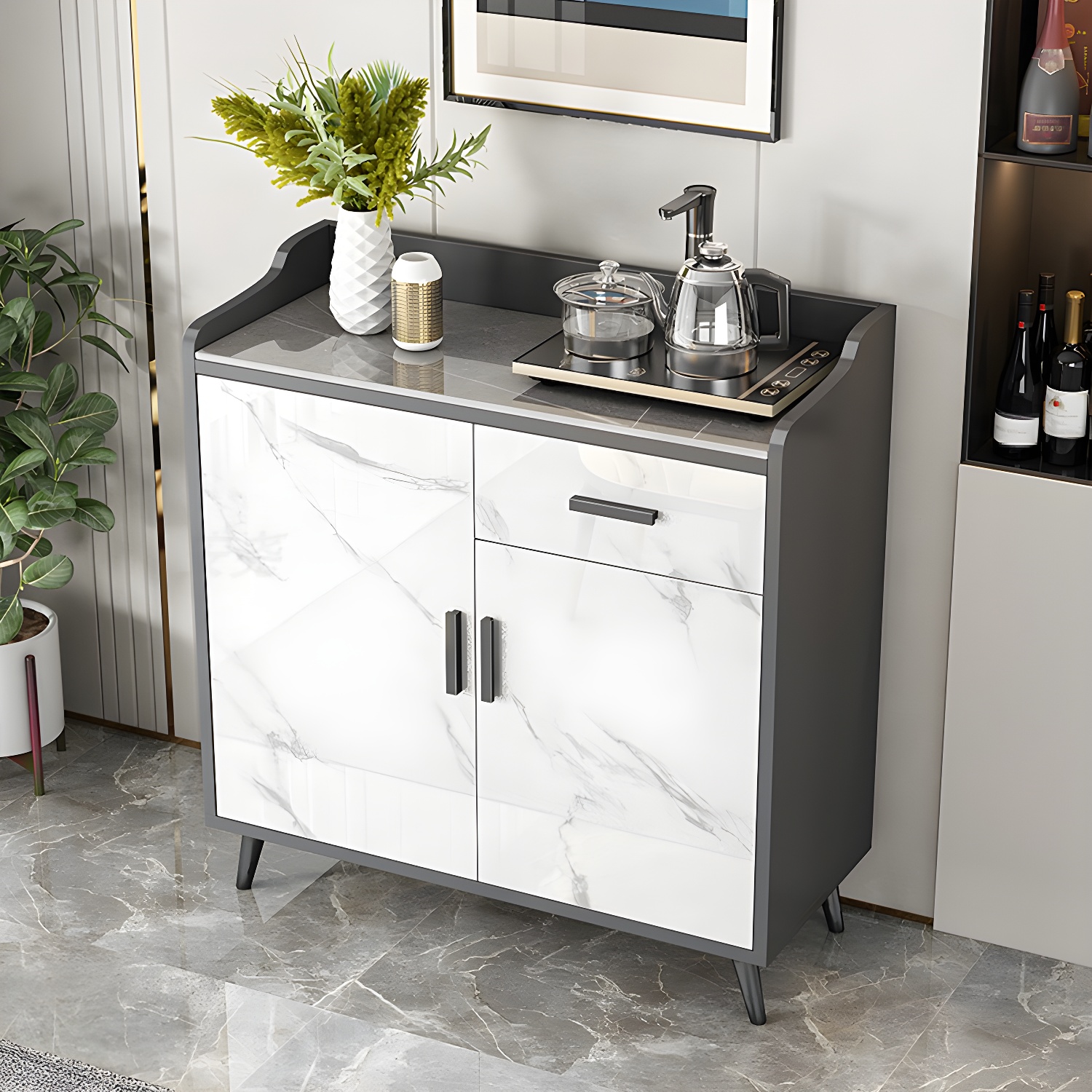 Modern Stone Top Shelves Included Sideboard with White & Grey Manufactured Wood Door - image 3
