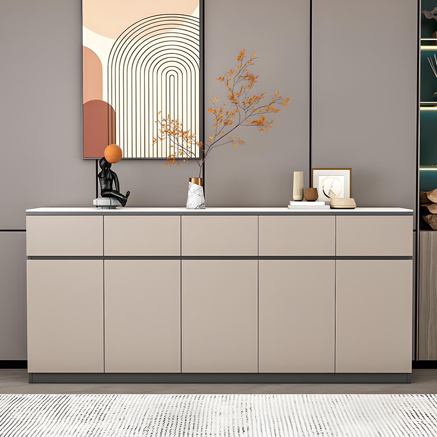 Modern Wood Sideboard Credenza with Drawers and Cabinets - Stone Countertop - image 5