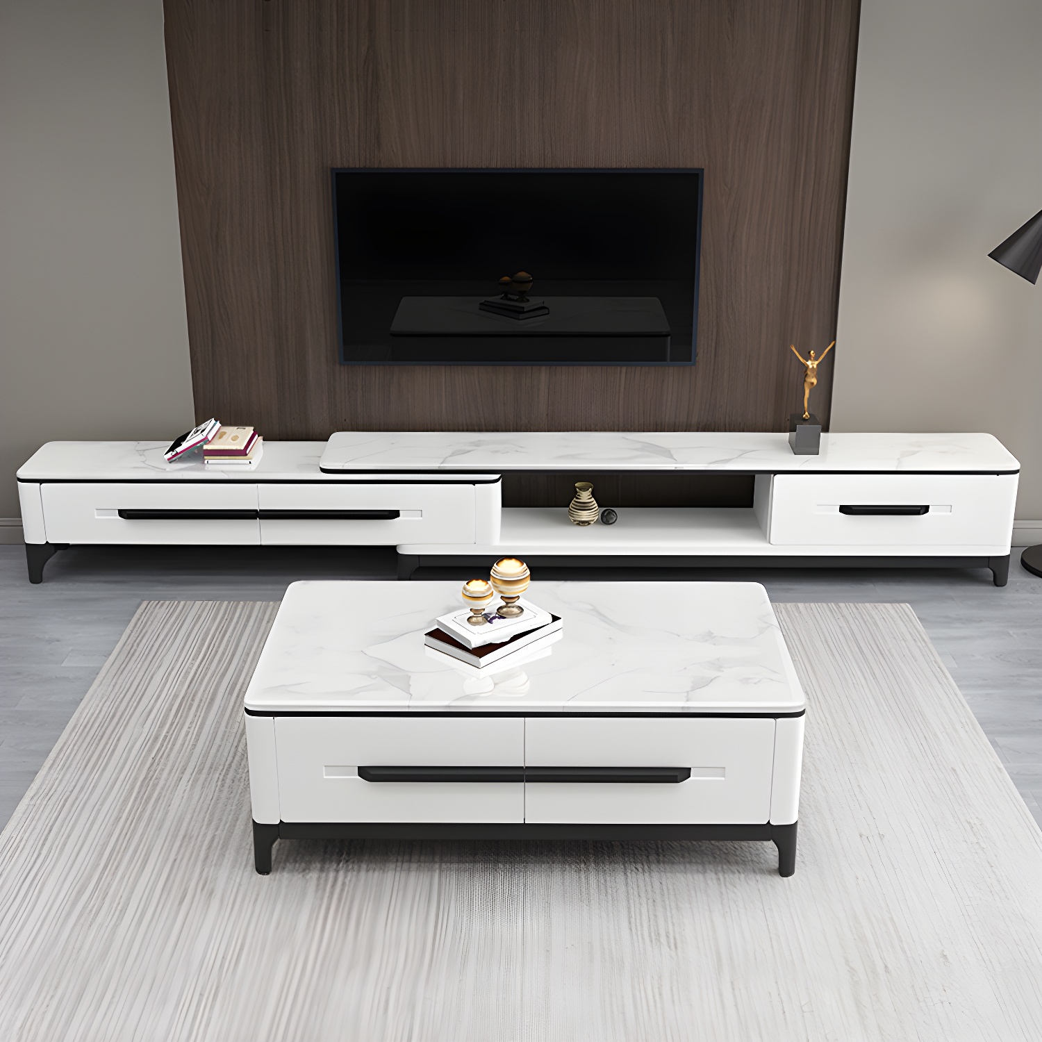 2 Drawers TV Console Modern Stone Media Console with Splayed Wooden Legs - image 7