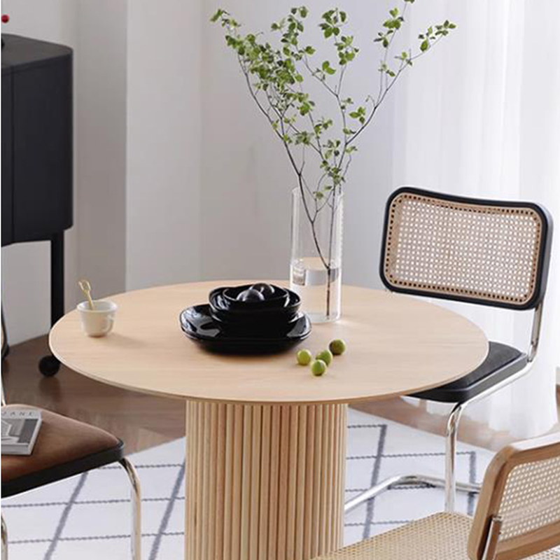 Fixed Rounded Dining Table for 4/2 People/Seats 6 with Ribbed Leg and a Slate/Wooden Tabletop in Natural/Chalk in a Nordic Style - image 8