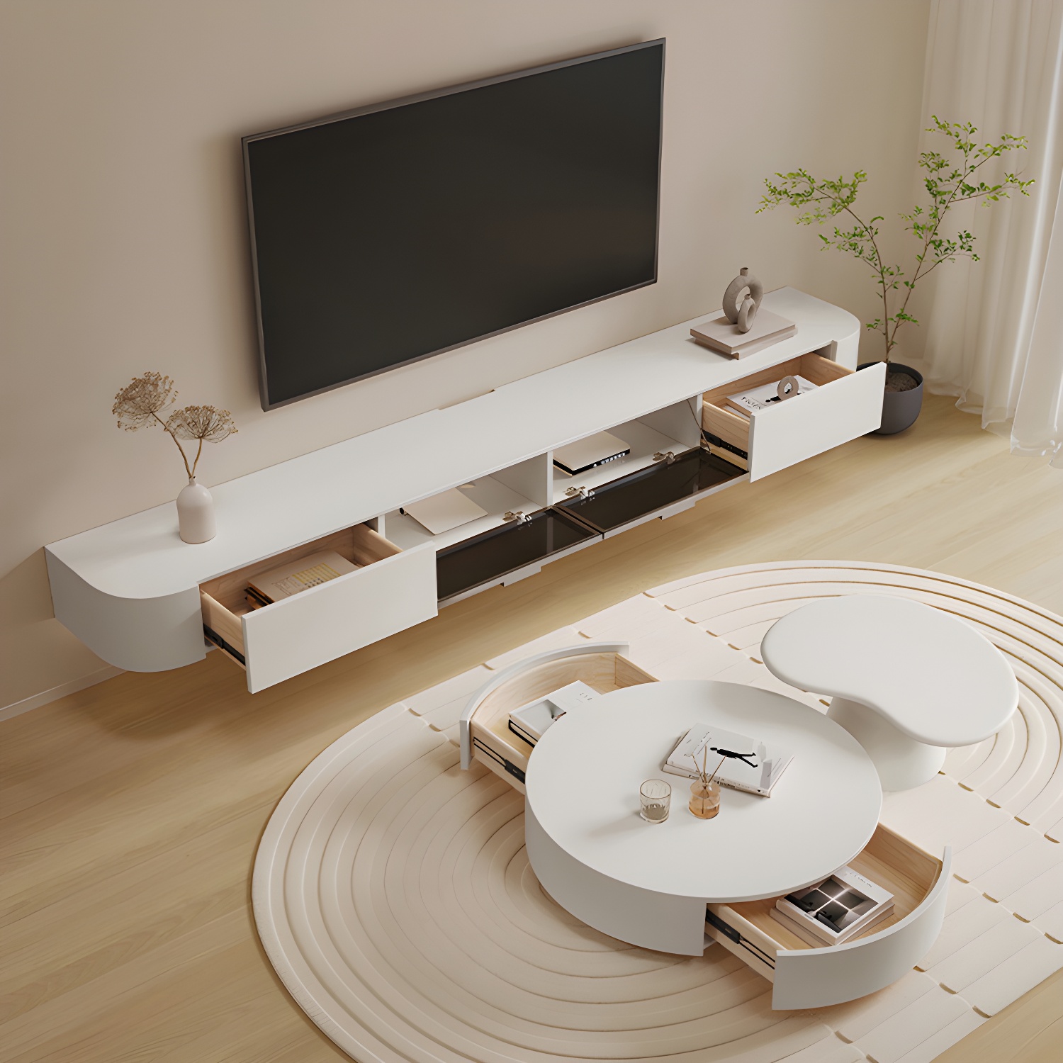 White Wall-mounted Media Stand with Drawers Contemporary TV Console, Faux Wood - image 4