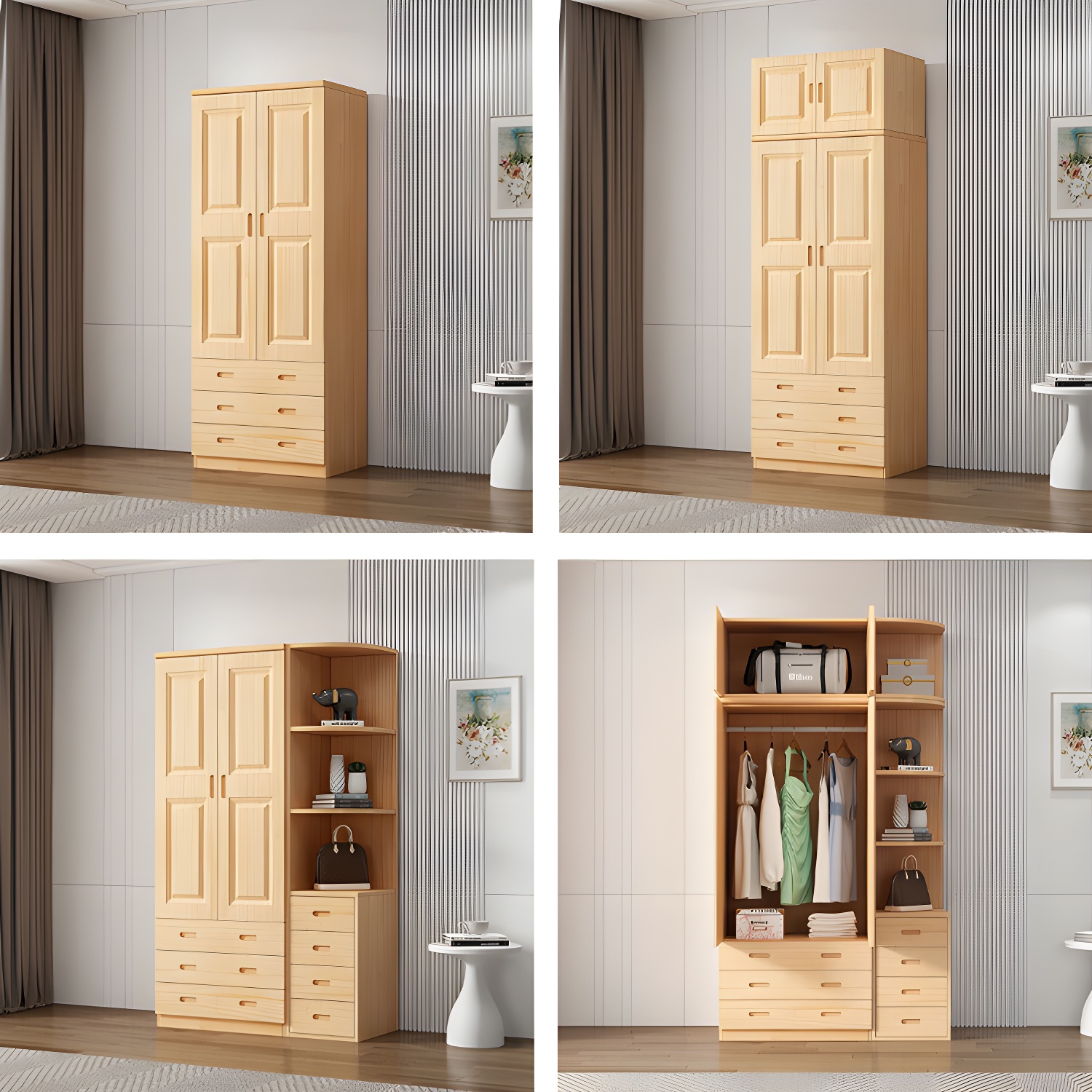 Modern Natural Pine Wardrobe Armoire with Drawers and Clothing Rod - image 11