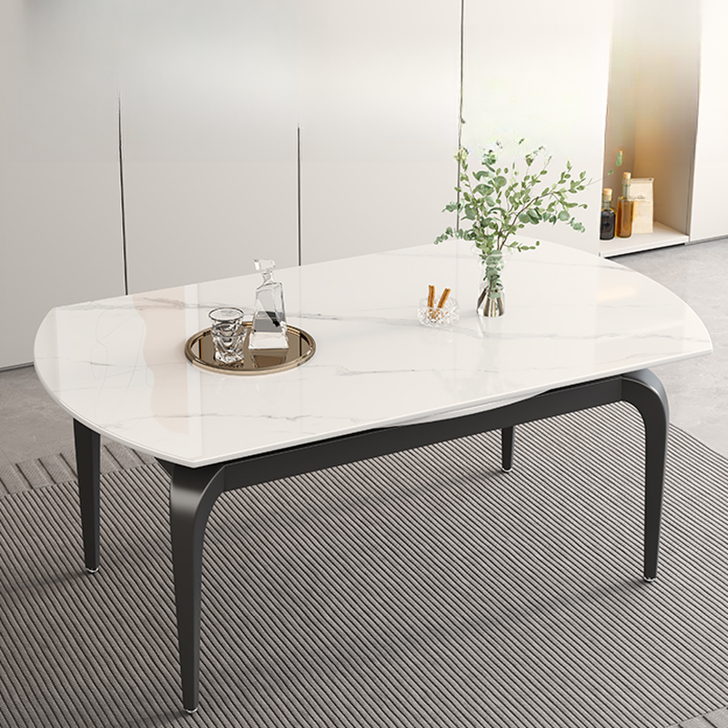 Minimalist Rounded Slate Stone Dining Table Set with 4 Legs and Padded Chair Back, Available in 9-piece/7 Piece Set/5-piece