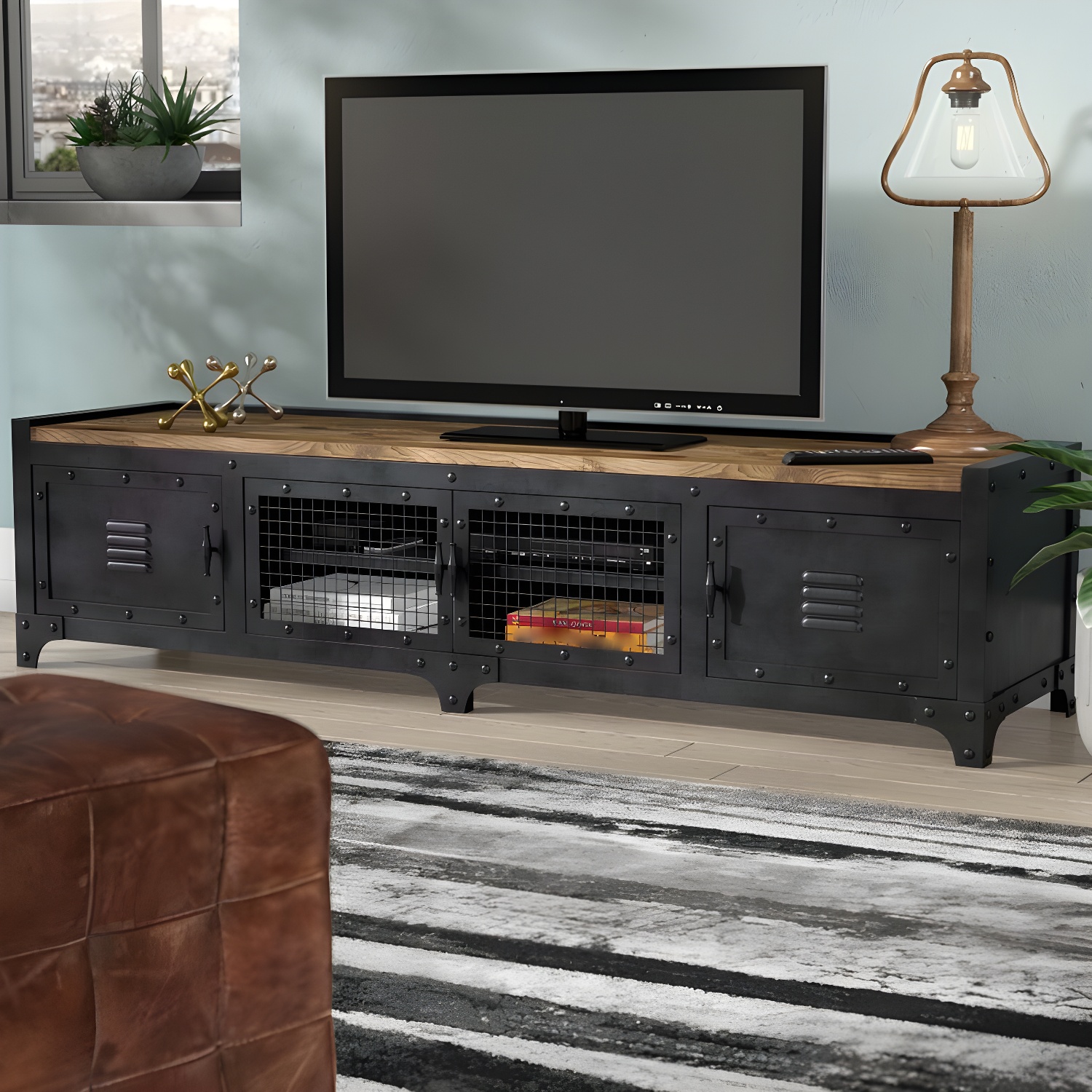 American Retro Industrial Style TV Cabinet Iron Art Solid Wood Bedroom TV Stand - image 5