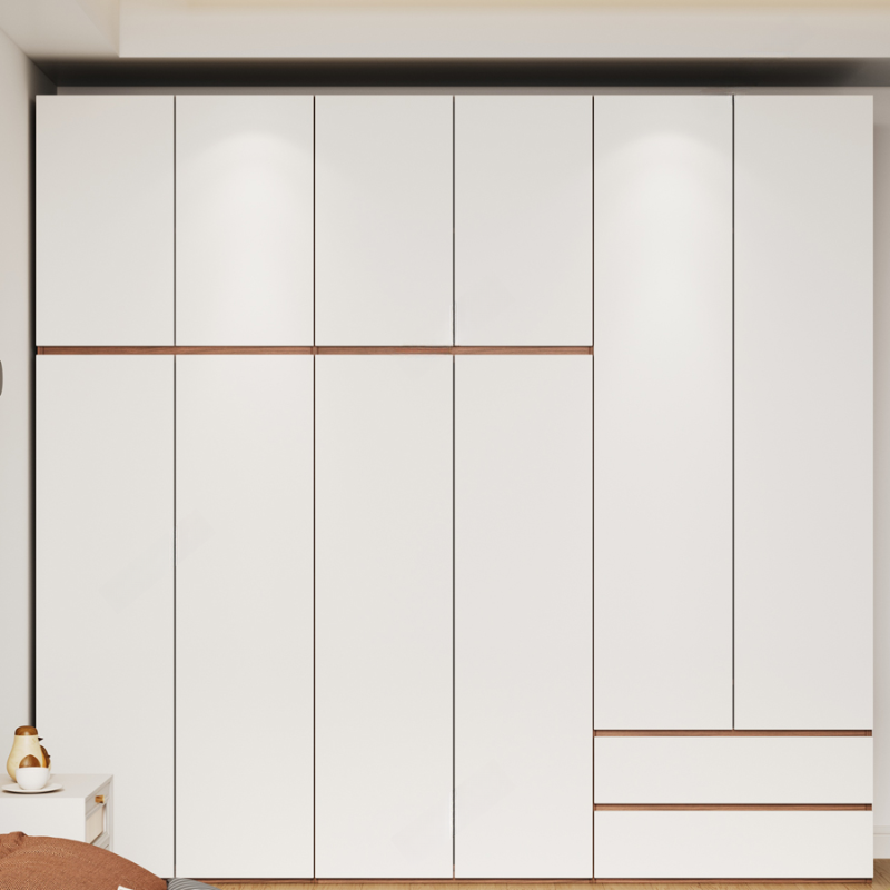 White Minimalist Manufactured Wood Wardrobe Closet with Soft Close Drawer, Soft Close Door, Interior Shelves, and Clothing Rod