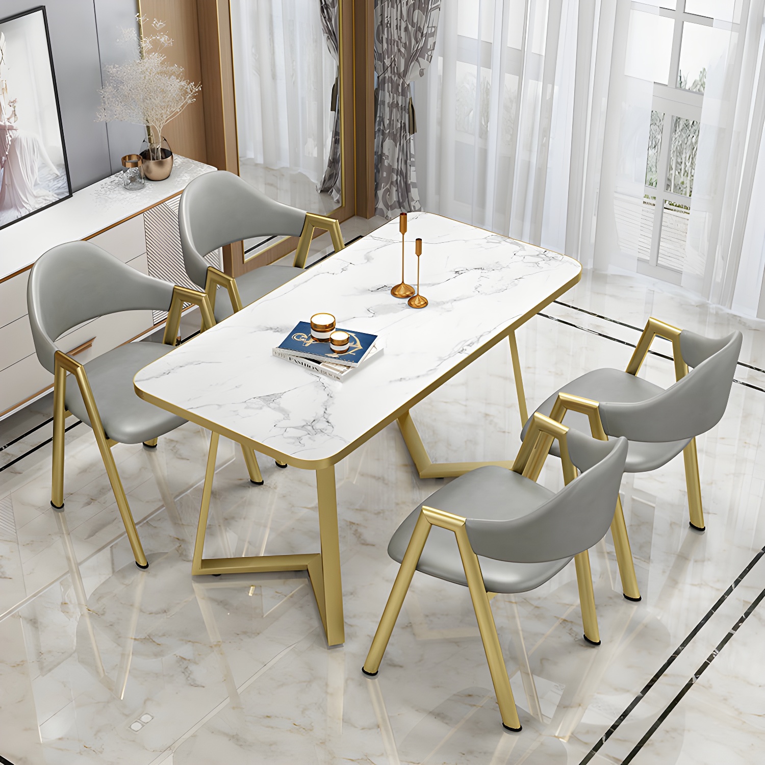 Glam White Wood Dining Set with Upholstered Chairs - 5 Piece Set