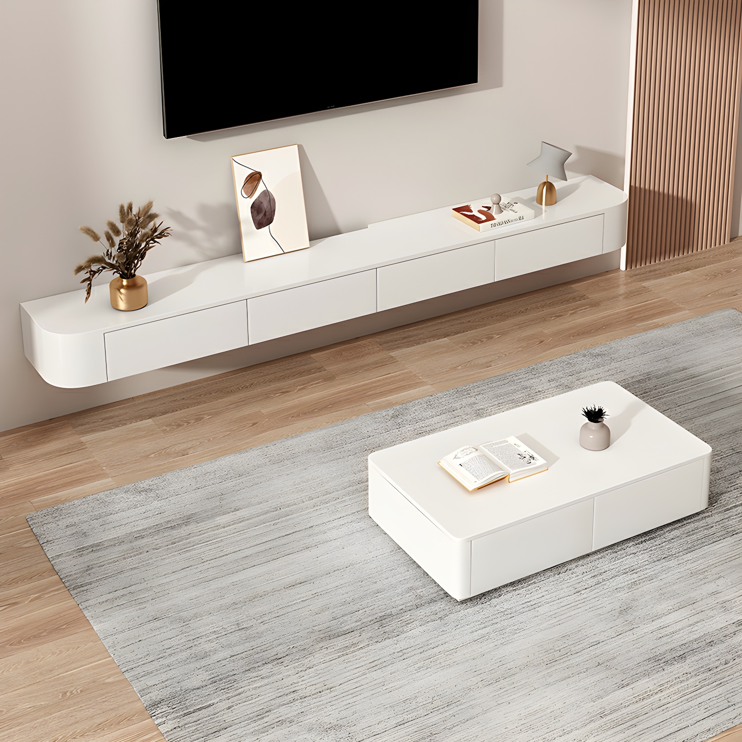 Elegant Rubberwood TV Stand with Floating Mount, Cable Management, and Soft Close Drawers - image 3