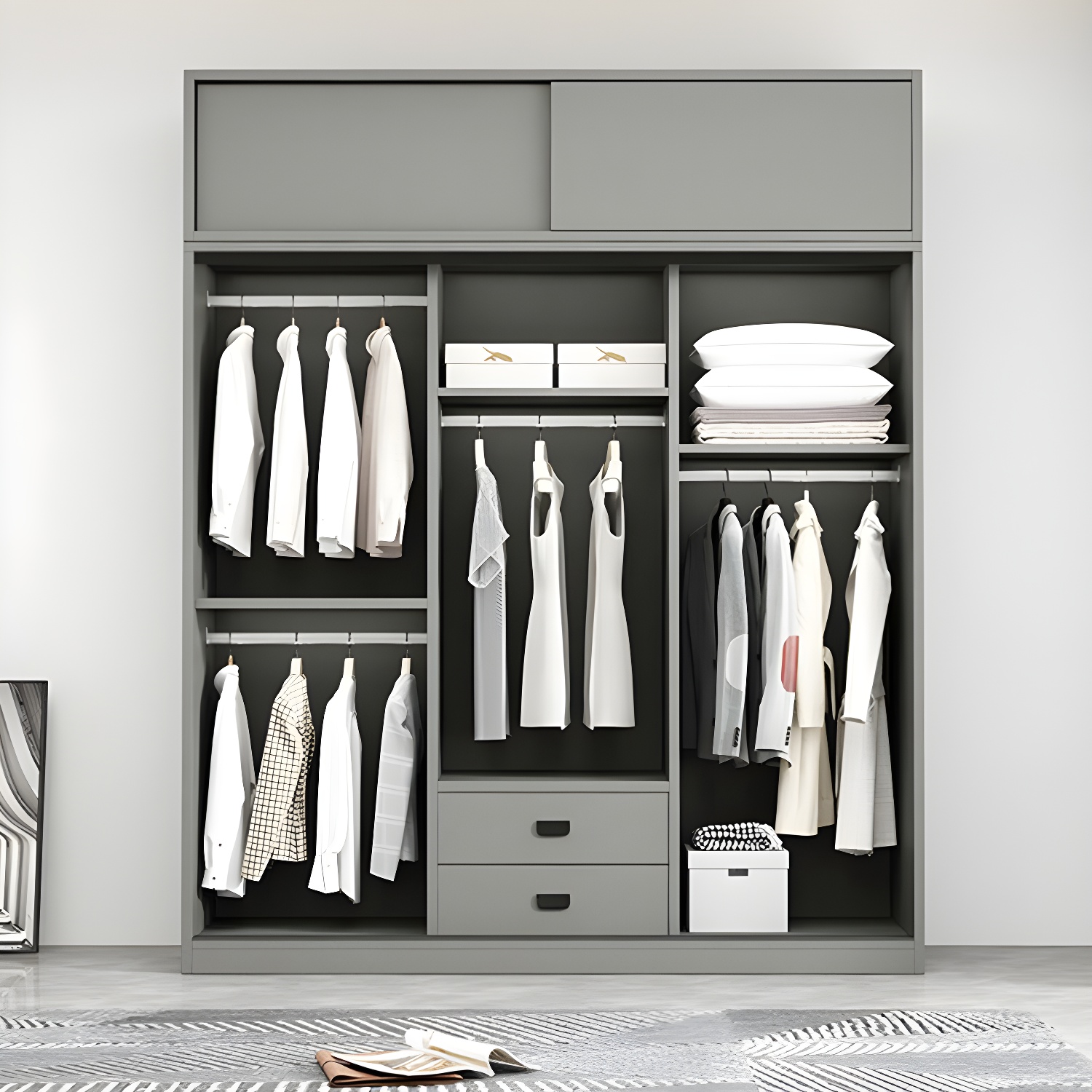 Contemporary Wood Grey Cloth Rod Included Wardrobe with Shelves - image 8