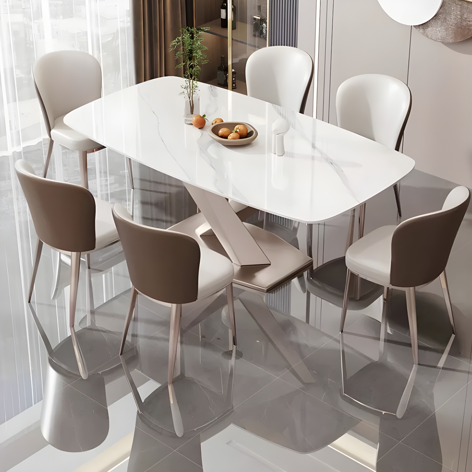 Modern Metal Dining Table in White with Pedestal Base and Violet Accents - image 4