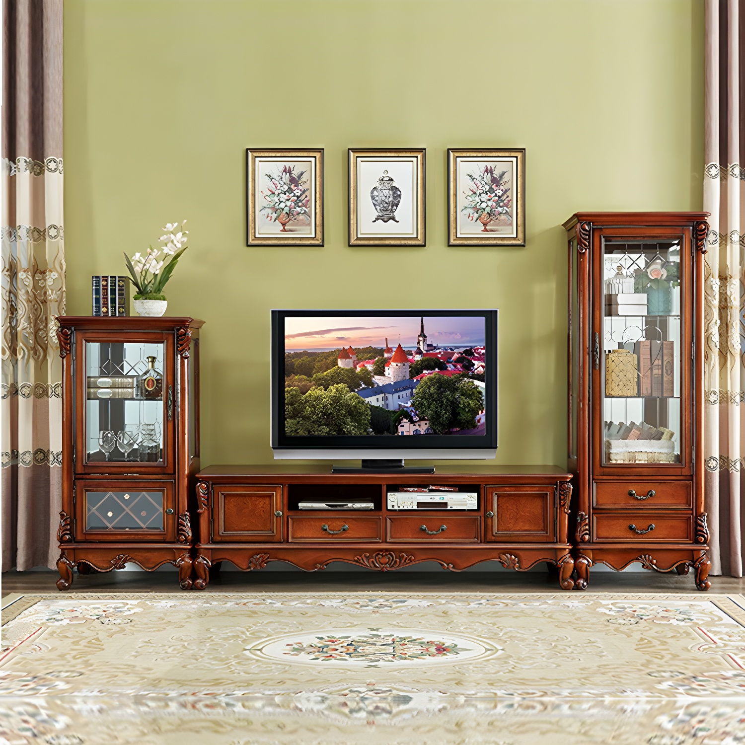 Solid Wood TV Console Traditional Enclosed TV Cabinet with Glide Drawers