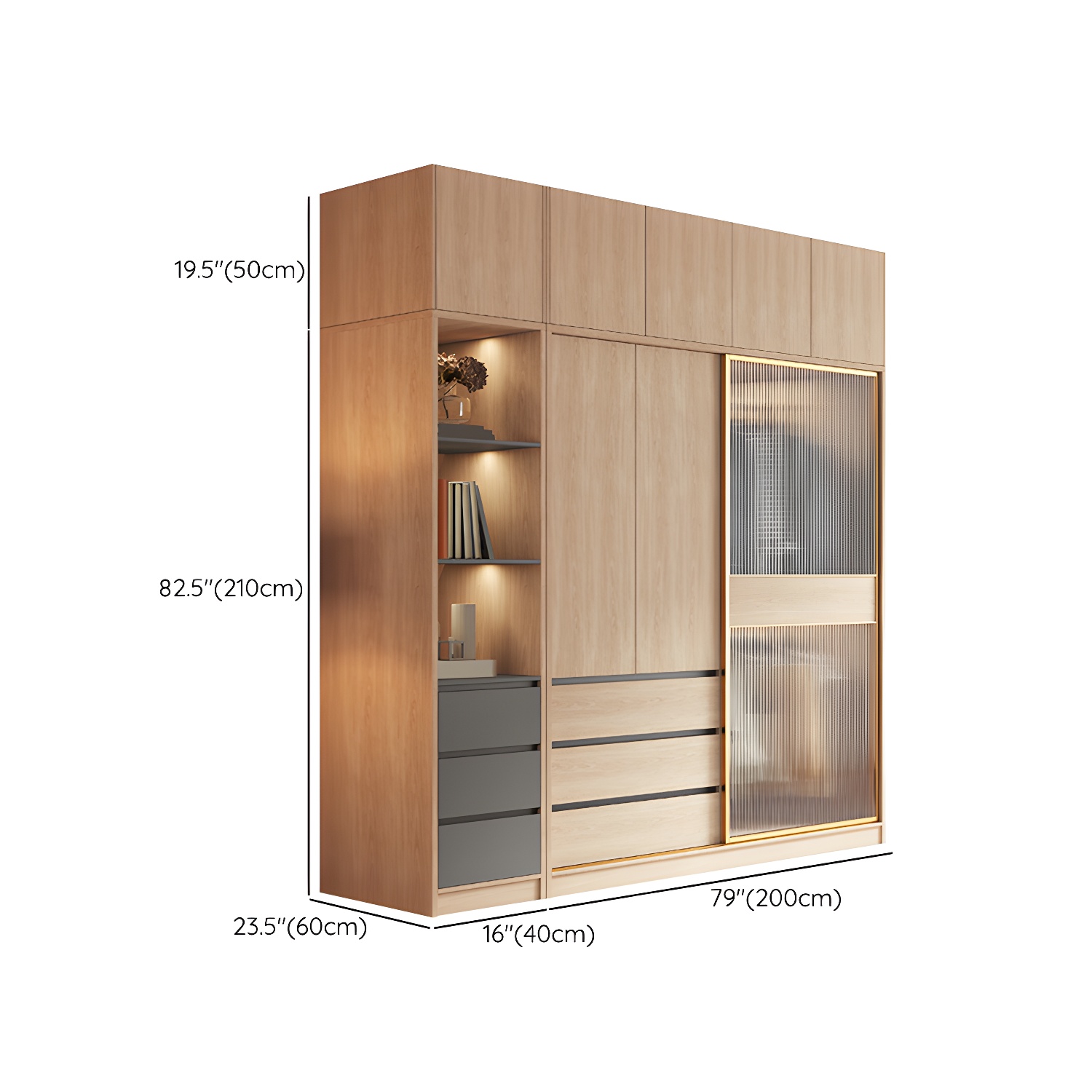 Contemporary Glass Sliding Doors Wardrobe Natural Wood Wardrobe with Drawers - image 31