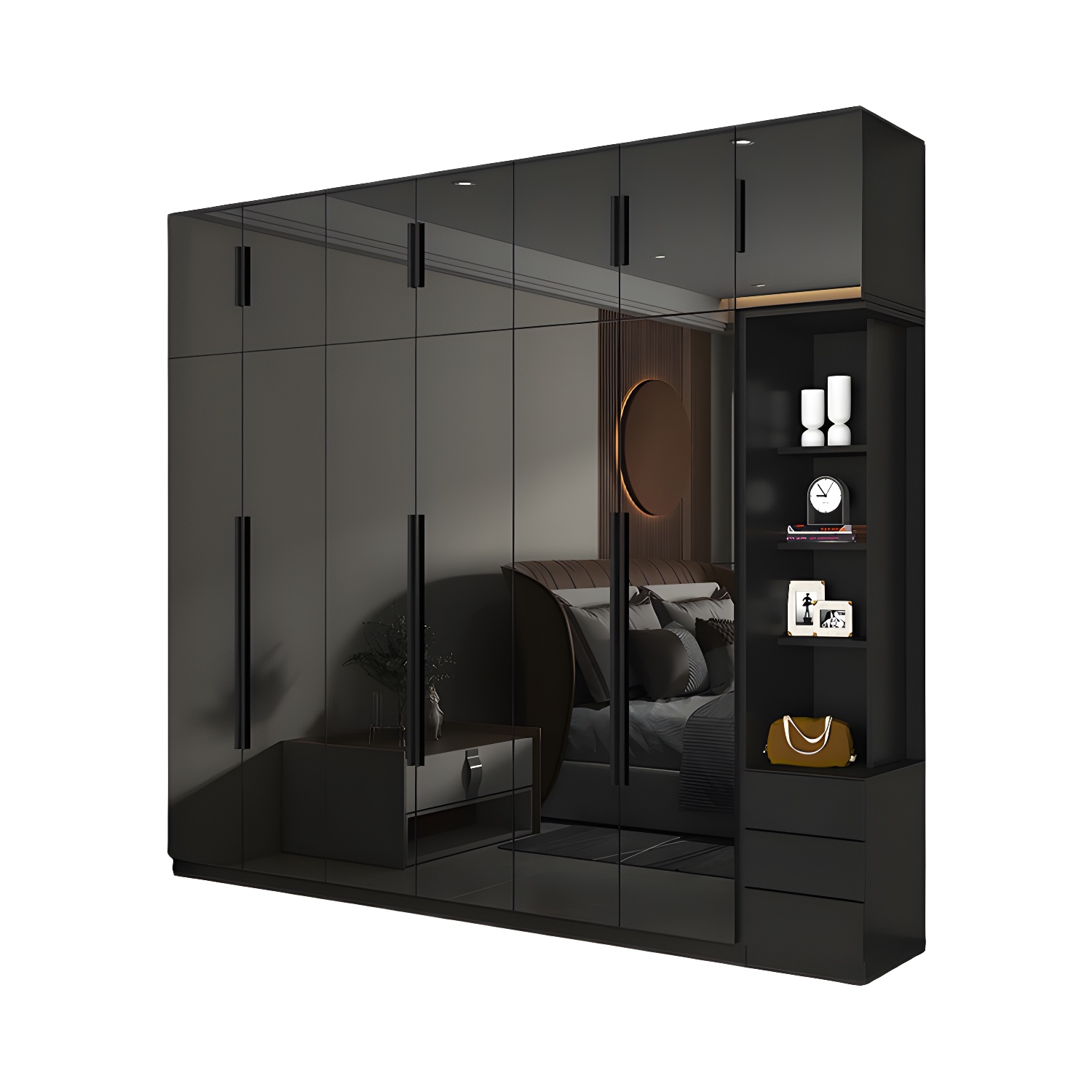 Modern Glass Doors Wardrobe Cabinet Black Bedroom Storage Cabinet Excluding Lighting - image 5