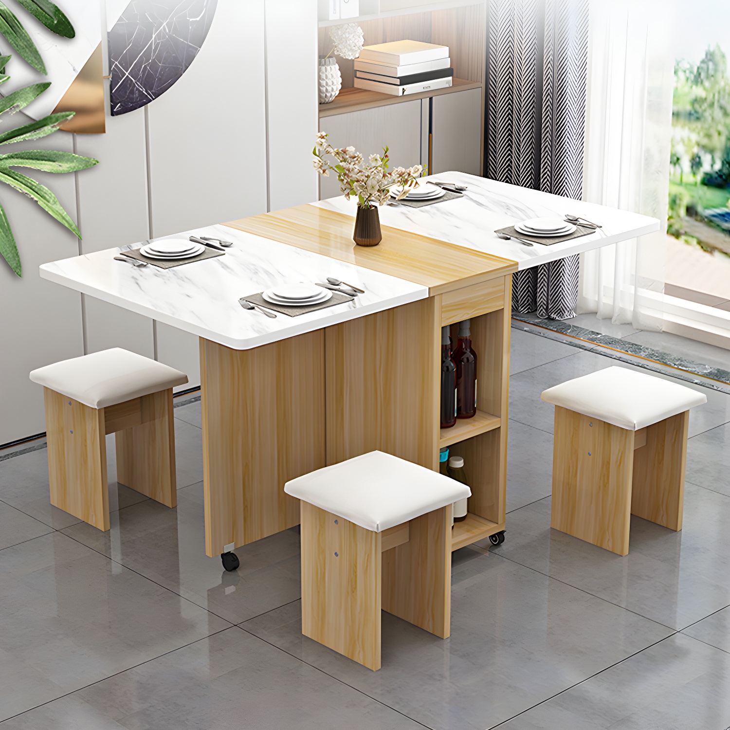 5-Piece Modern Wood Dining Set with Rectangle Table and White Backless Stools - image 5