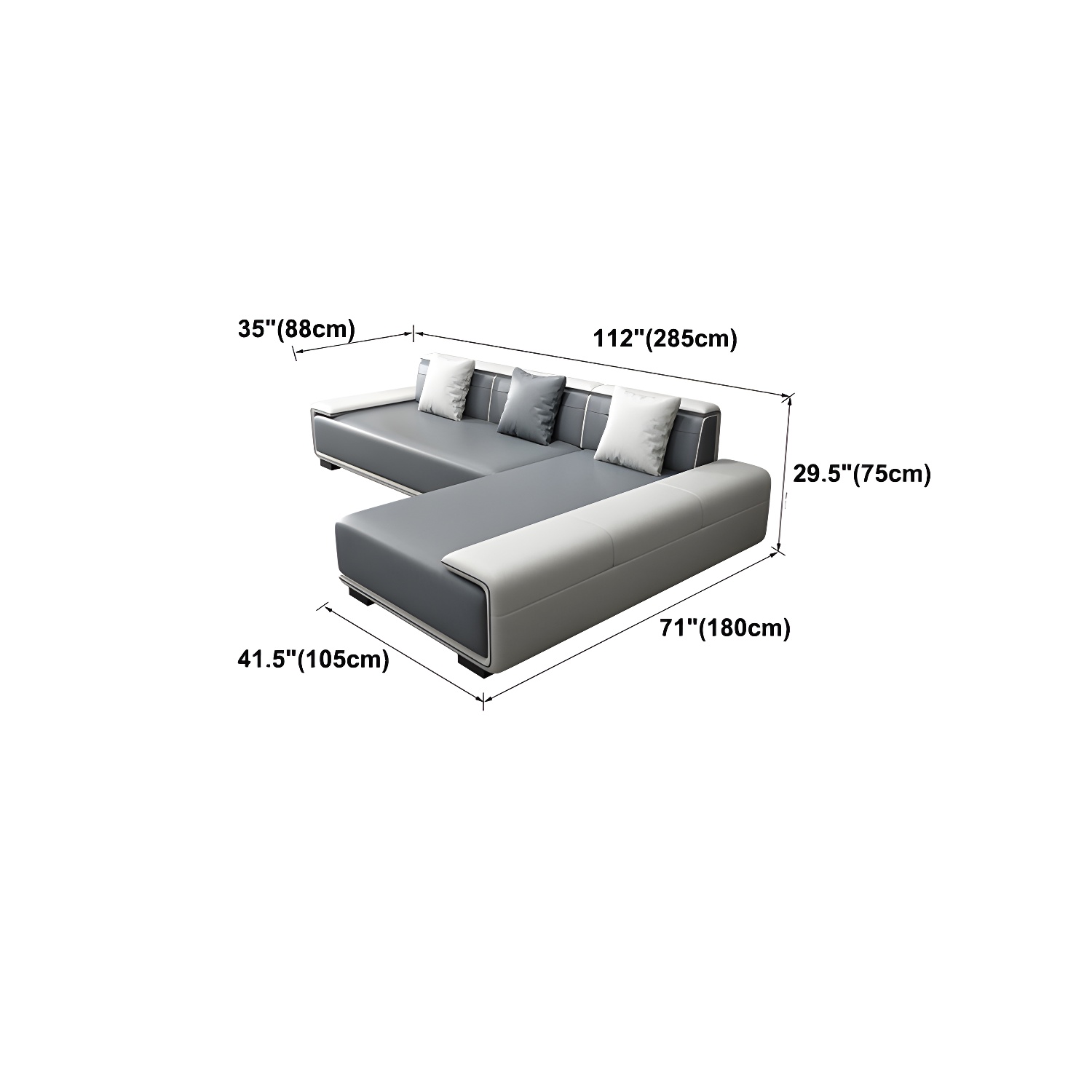 Faux Leather Sofa & Chaise with Pillows Modern U Sofa in Gray - 29.53" H - image 26