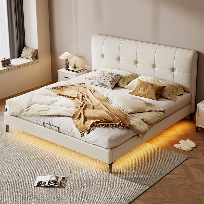 White Contemporary Panel Bed with Leg, Stitch-tufted Design, and Natural Wood Slats for Bedroom