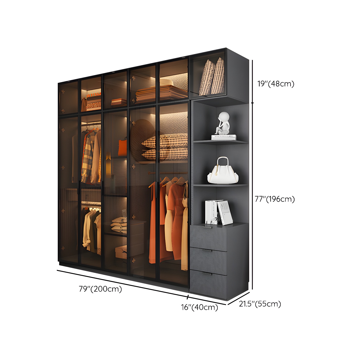 Modern Glass Wardrobe Cloth Rod Included Wardrobe Closet without Light - image 44