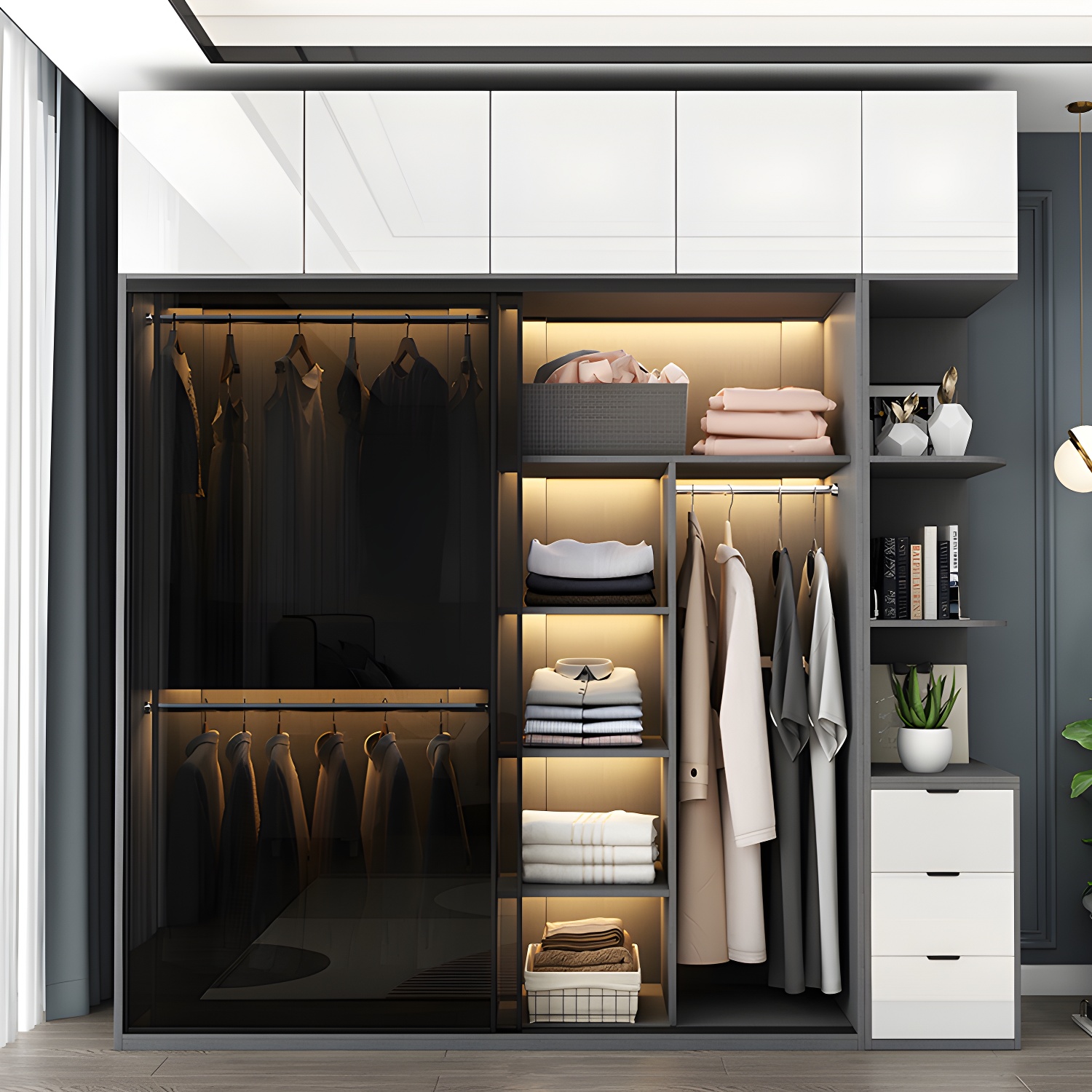 Modern Style Glass Wardrobe Black Colour Wardrobe Closet with Sliding Door