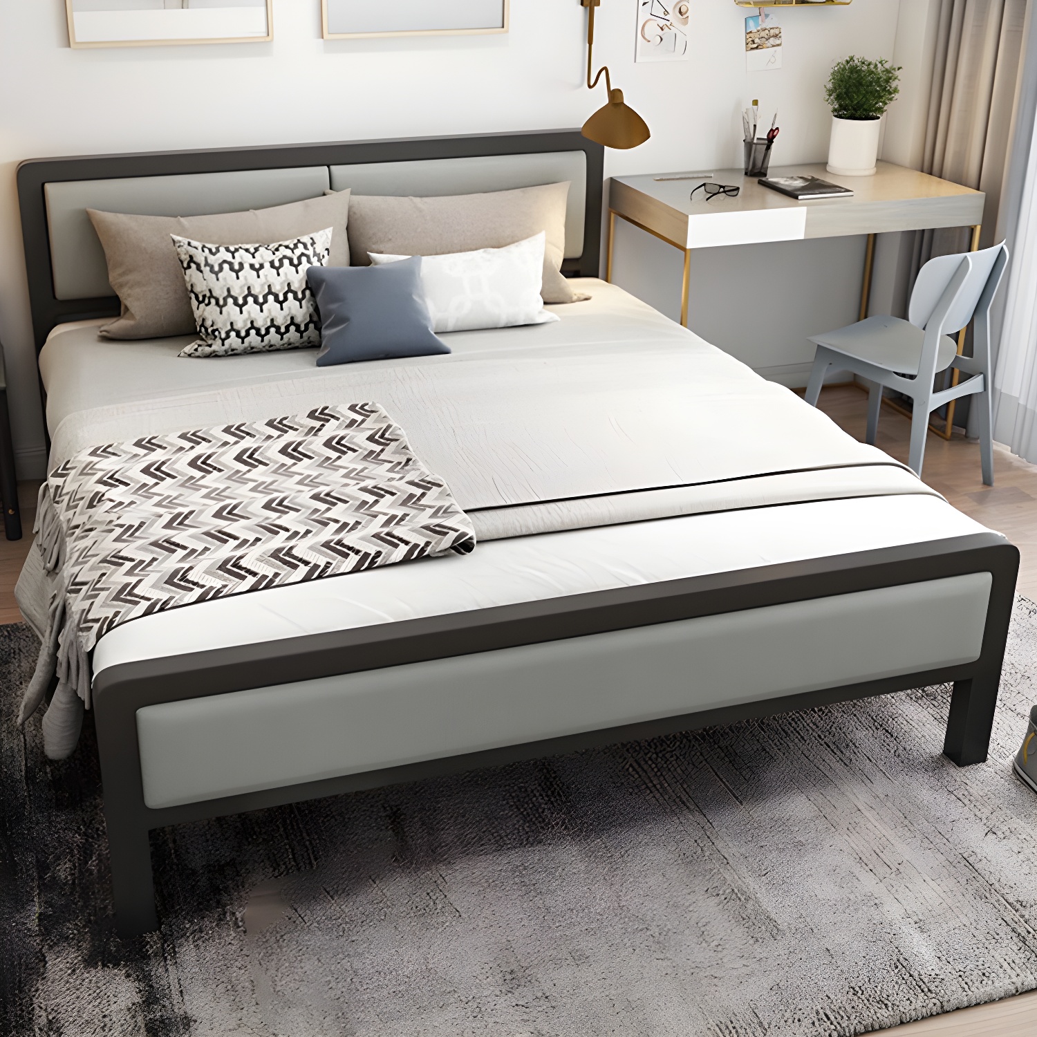 Contemporary Metal Standard Bed, Panel Rectangular Headboard Bed - image 4