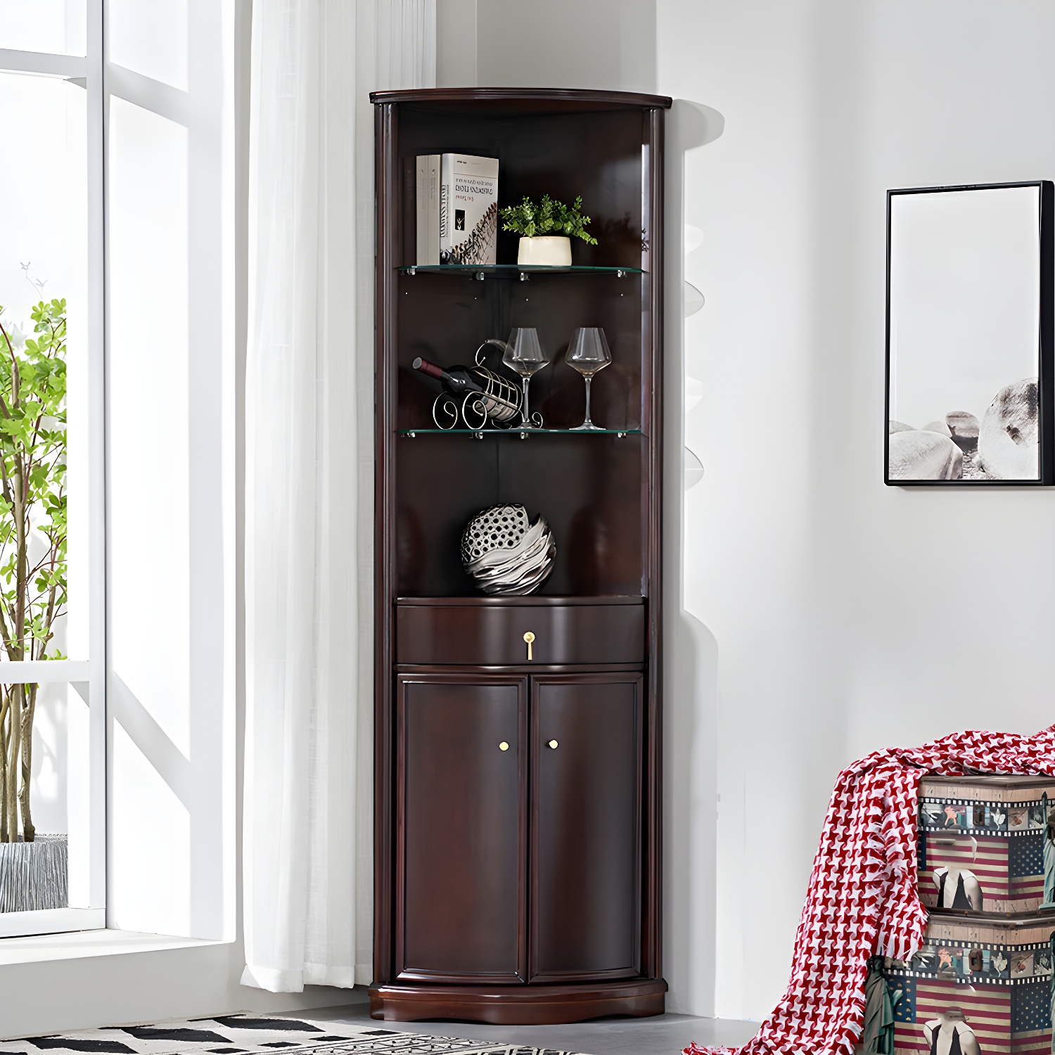Corner Mid-Century Modern Accent Cabinet with Wood Countertop, Glass Doors, and Drawers Included