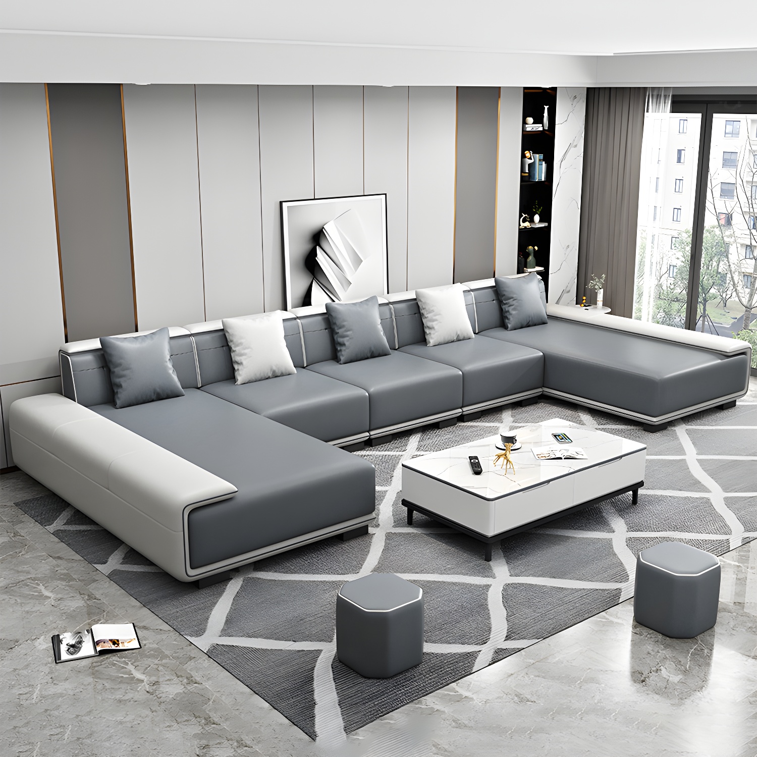 Faux Leather Sofa & Chaise with Pillows Modern U Sofa in Gray - 29.53" H - image 8
