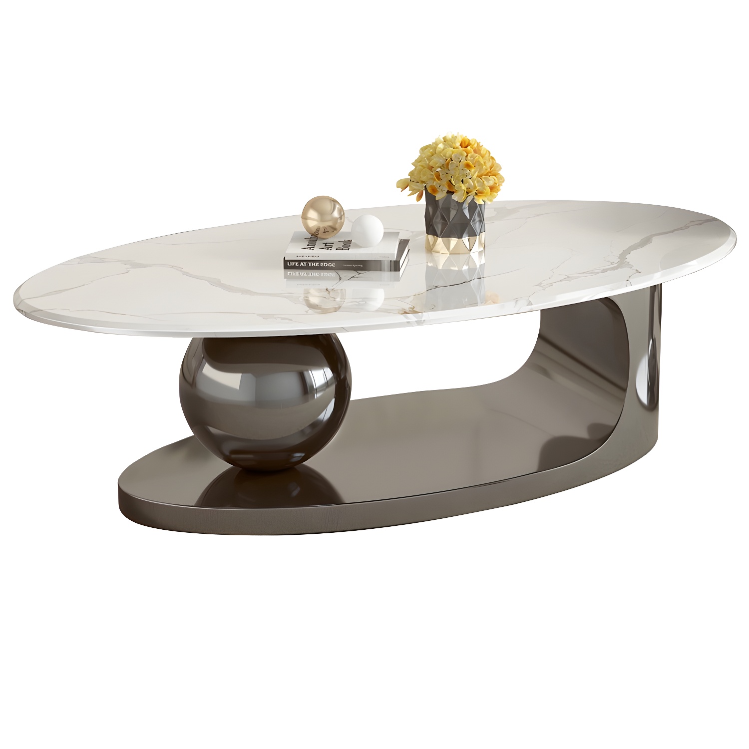 Chic Oval Stone Coffee Table - Modern Elegance with Metal Pedestal Base