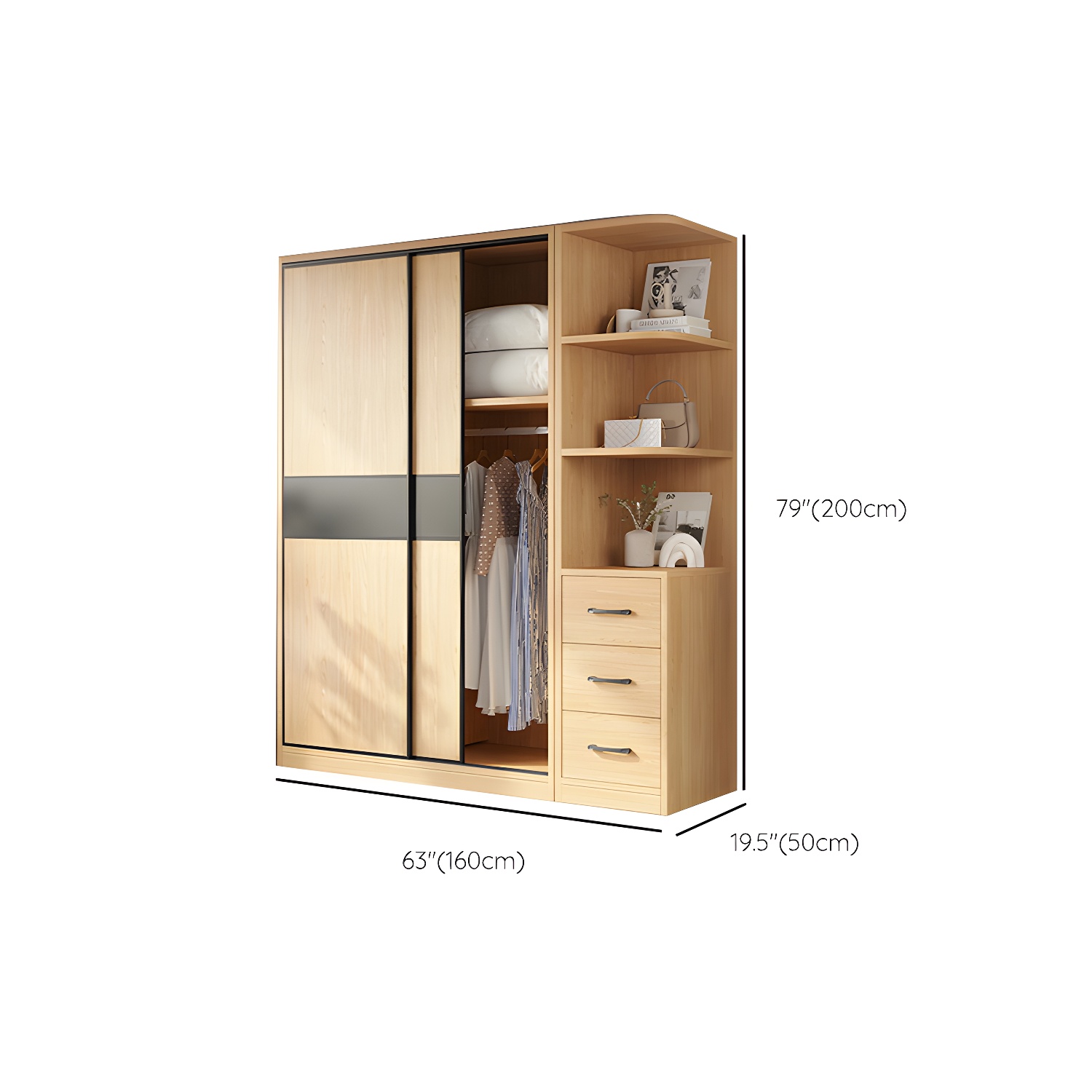 Light Wood Wardrobe Armoire with Sliding Doors, Clothing Rod, and Soft-Close Drawers - image 18