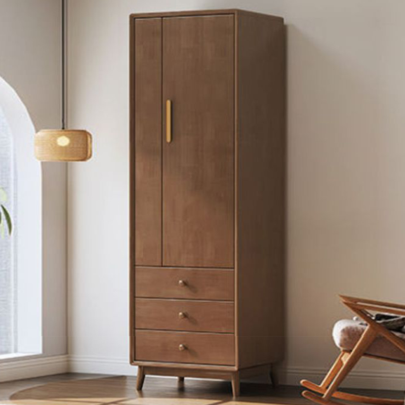 Scandinavian Natural Wood Wardrobe with Clothing Rod and Shelves for Bedroom
