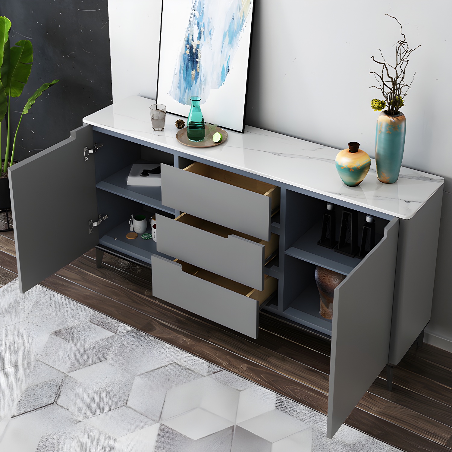 Modern Antique Finish Credenza 3 Drawer Sintered Stone Sideboard Cabinet - image 8