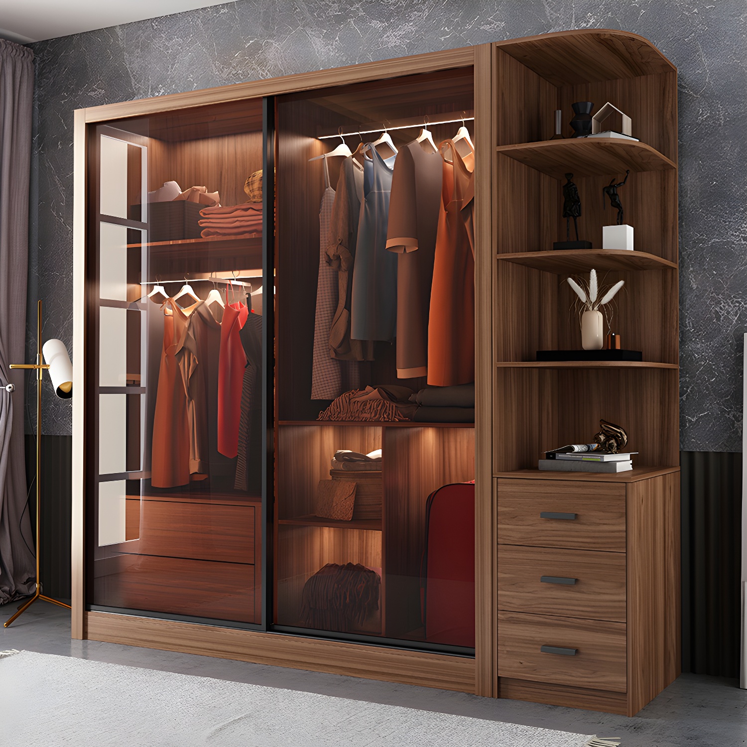 Bedroom Sliding Door Wardrobe Modern Brown Cabinet with Glass Doors - image 3