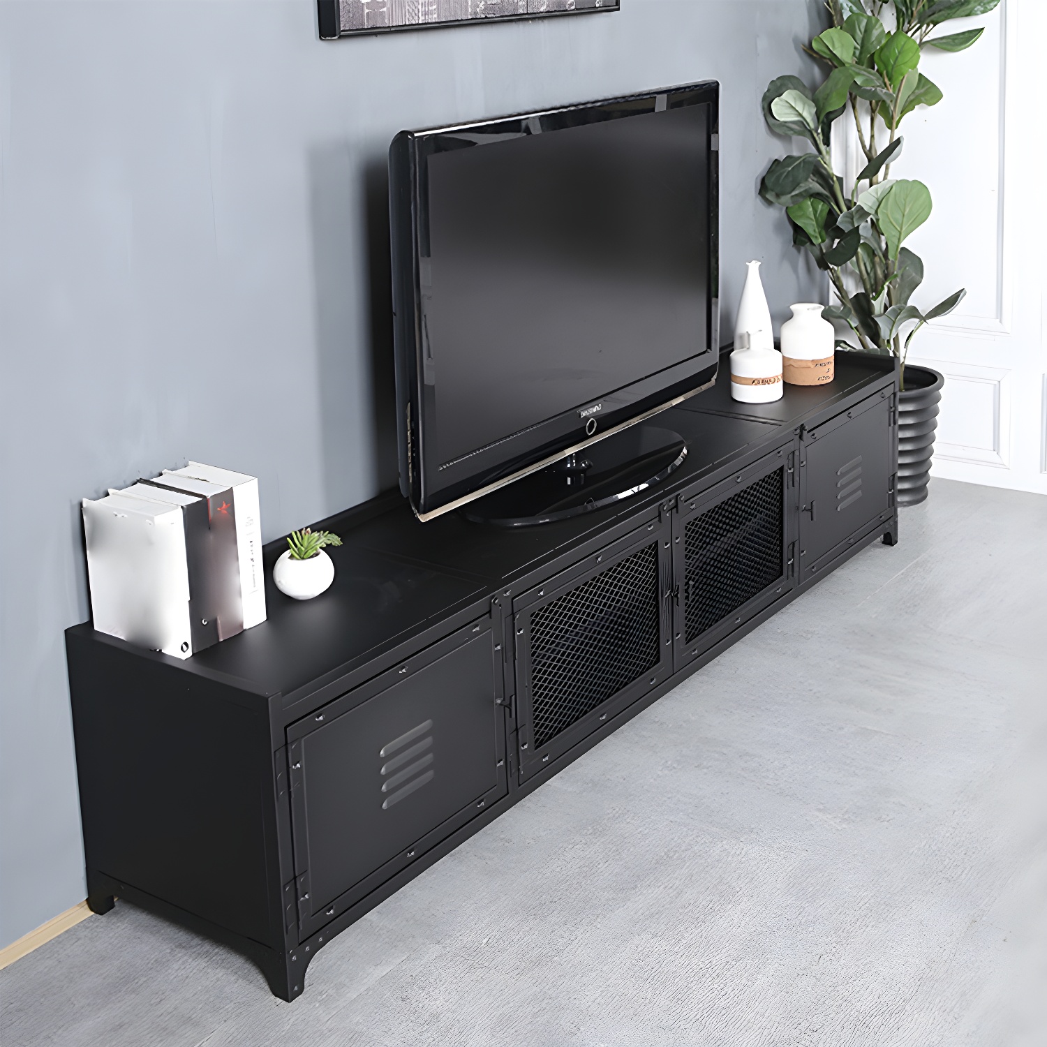 Industrial Style Metal TV Stand Black Colour Enclosed Storage TV Console with Cabinet - image 3