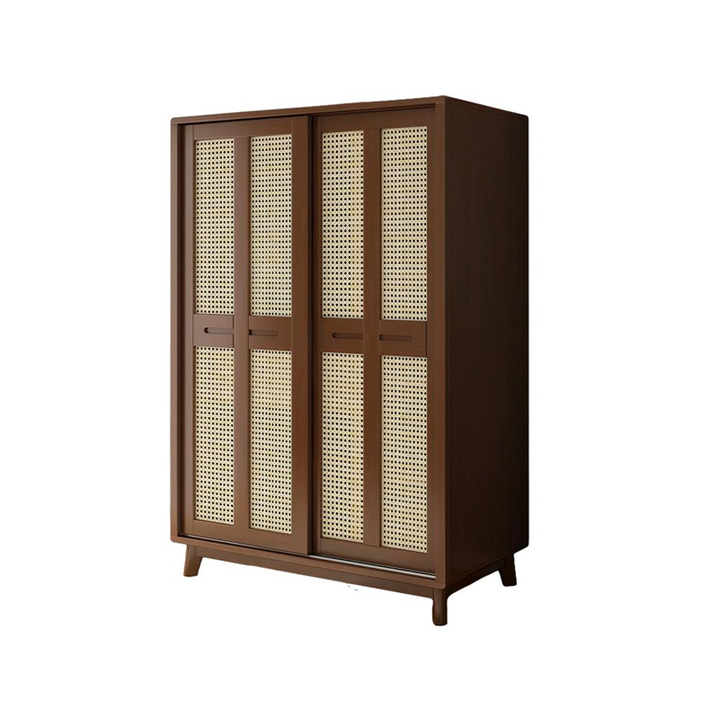 Scandinavian Wood Rattan Cabinet Doors Wardrobe with Clothing Rod and Four Feet - image 6