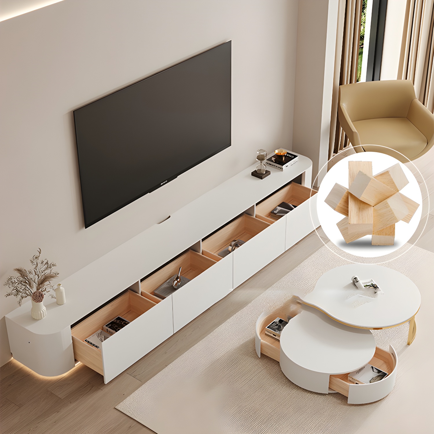 Modern Wood TV Stand Console White TV Media Stand with Drawers for Living Room - image 11