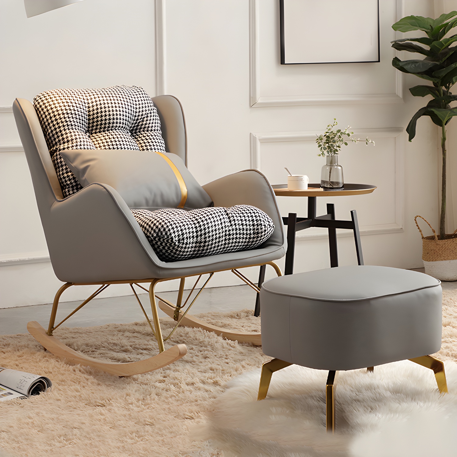 Contemporary Rocking Chair Fabric Upholstered Tufted Wing Chair Back Indoor Rocking Chair - image 8