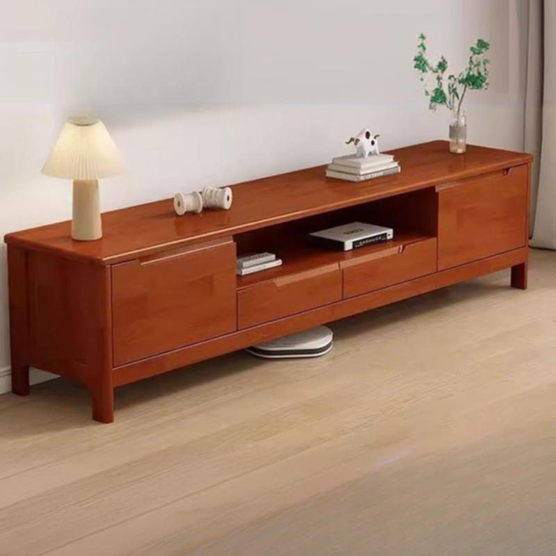 Modish Pine Wood TV Stand with Shelf, 2 Drawers, 2 Cabinets, and Unenclosed Storage